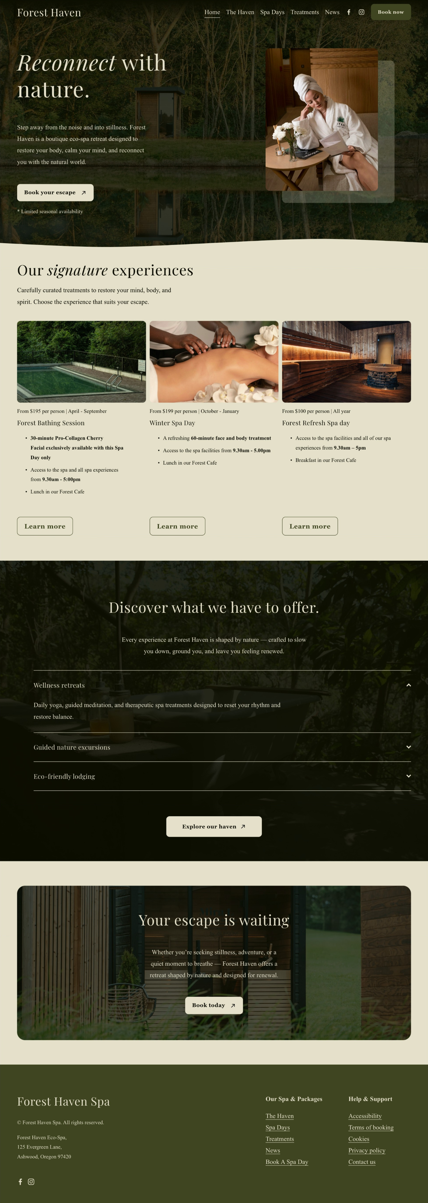 Homepage of Forest Haven Spa featuring a nature scene with trees and a small building, and a woman in spa attire relaxing indoors with a towel on her head, reading a menu.