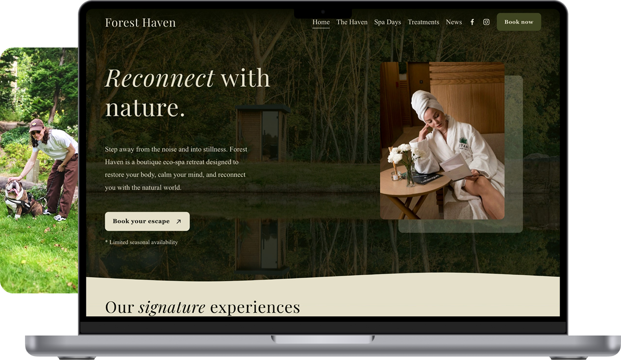 Laptop screen displaying a website for Forest Haven eco-spa retreat, featuring a woman in a towel and robe, sitting at a table with flowers, and a backdrop of trees with a small building, promoting reconnecting with nature.