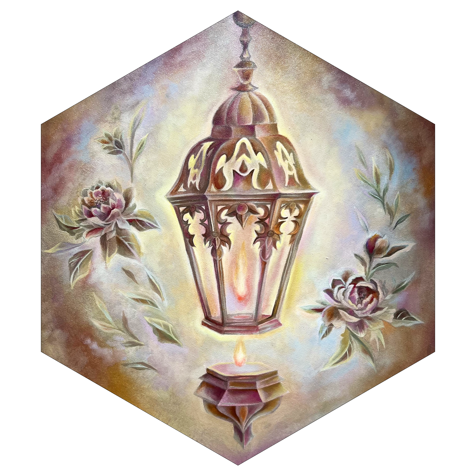 A painting of a vintage lantern with a glowing light, surrounded by three pastel-colored flowers on a textured background.
