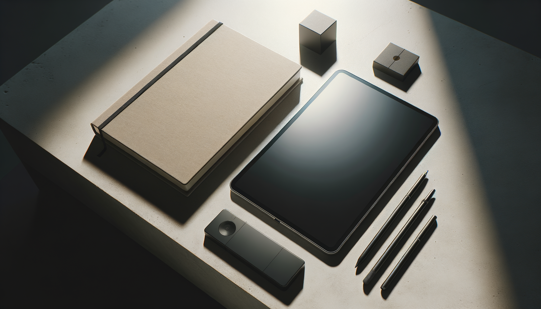 A workspace with a closed notebook, a tablet, a USB flash drive, a small box, a small rectangular object, and three pens arranged on a light-colored surface with sunlight shadows.