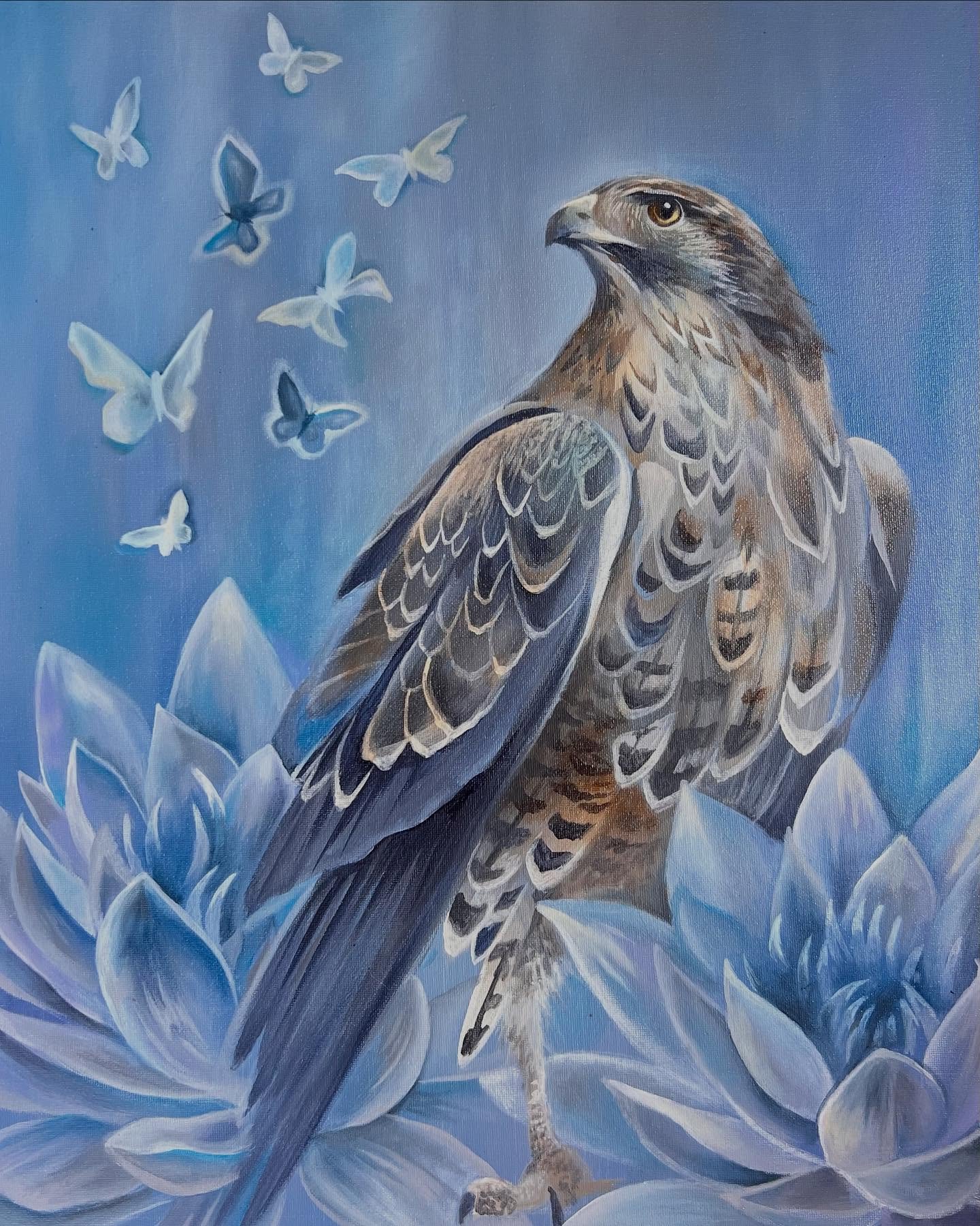 Newest painting 🩵💙🩵 created for the @mettayogamarin community! I will be giving this piece away tomorrow as a way to generate support for a mural I&rsquo;ll be painting in a few short weeks!! So exciting! Swipe right for info. 

Most of my folk on