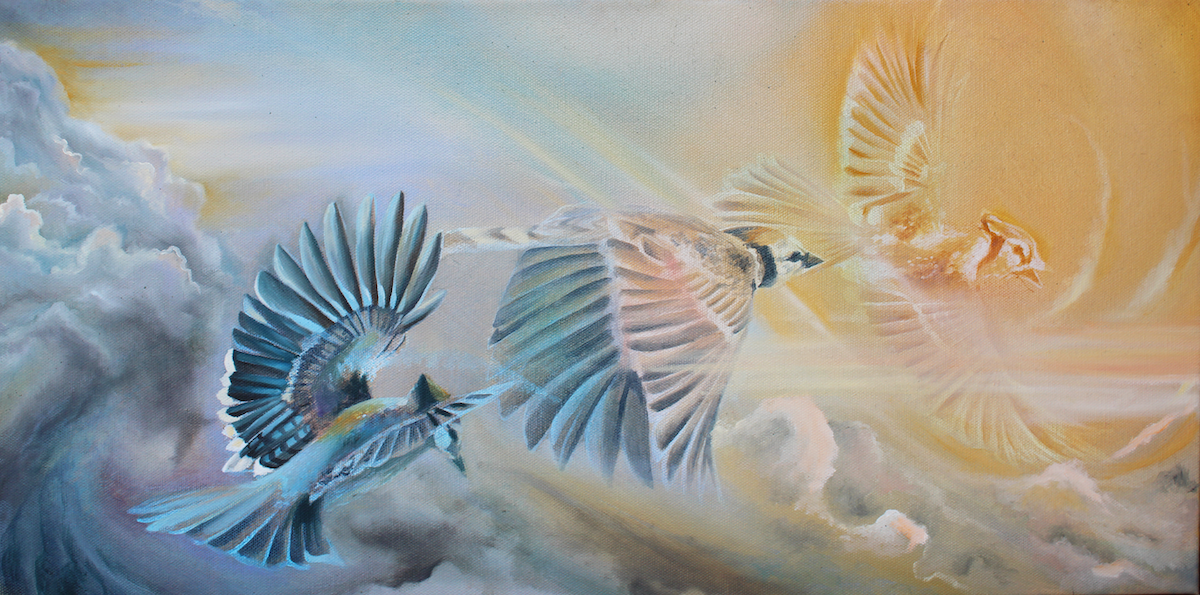 Painting of four birds flying through a sky with clouds and a glowing sun, with warm colors and dynamic brushstrokes.