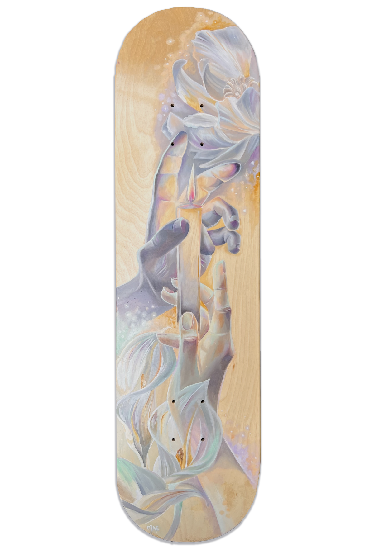 A skateboard deck features a painting of two hands, one holding a lighter and the other holding a flower, with a soft, pastel color palette and abstract background.