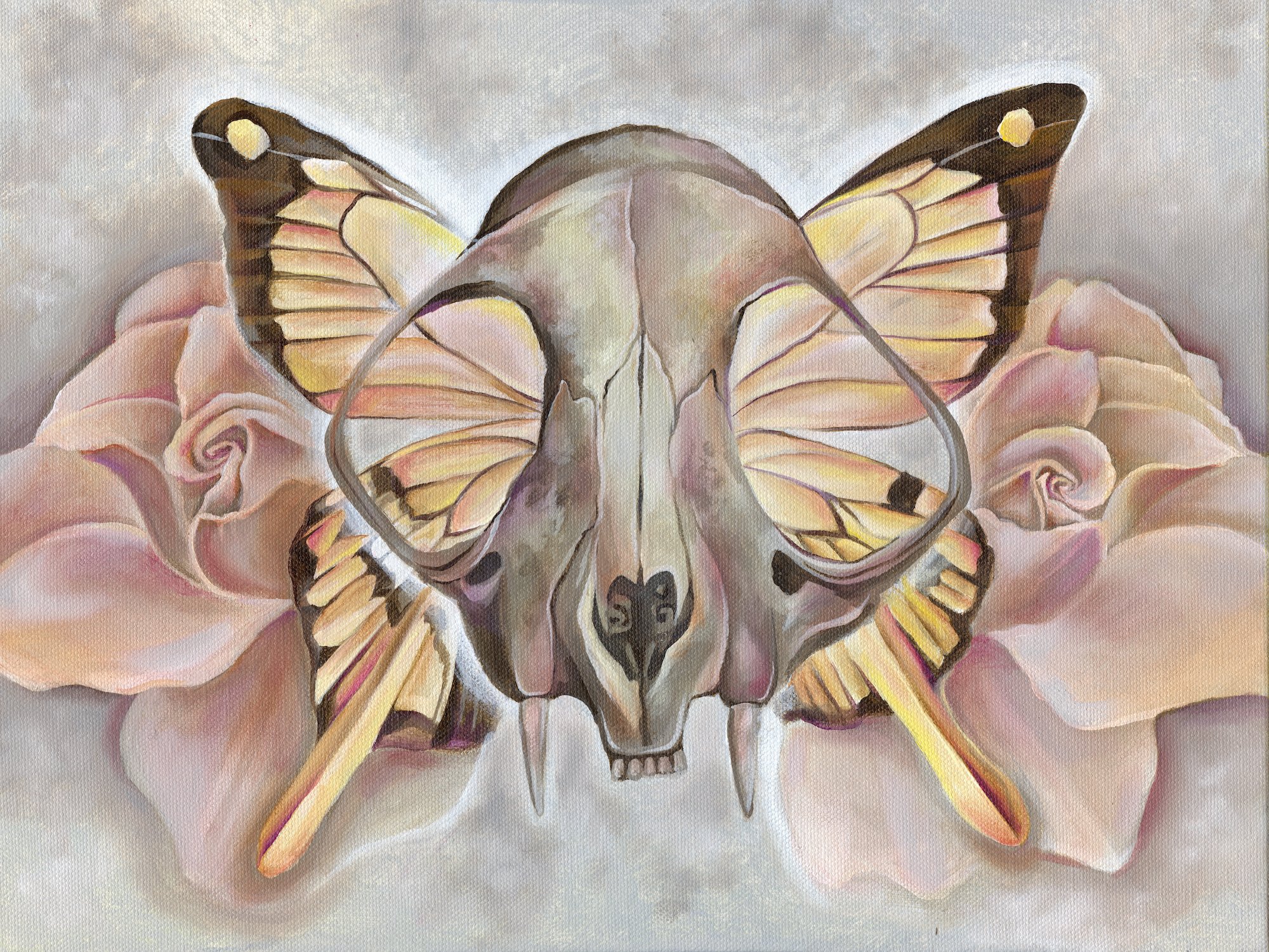 A butterfly skull with transparent wings, set on a bed of pink roses.