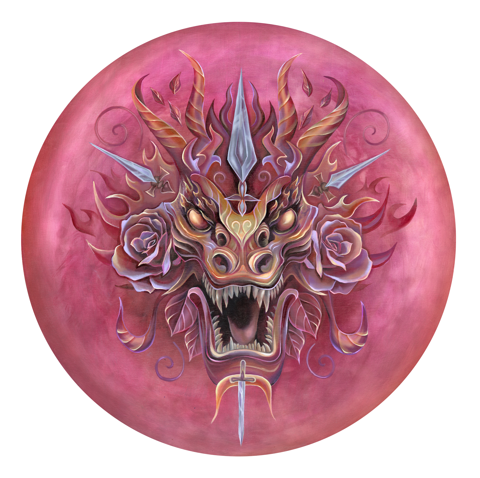 A detailed illustration of a fierce dragon's face with sharp teeth, surrounded by roses and swirling flames, set against a circular pink background.