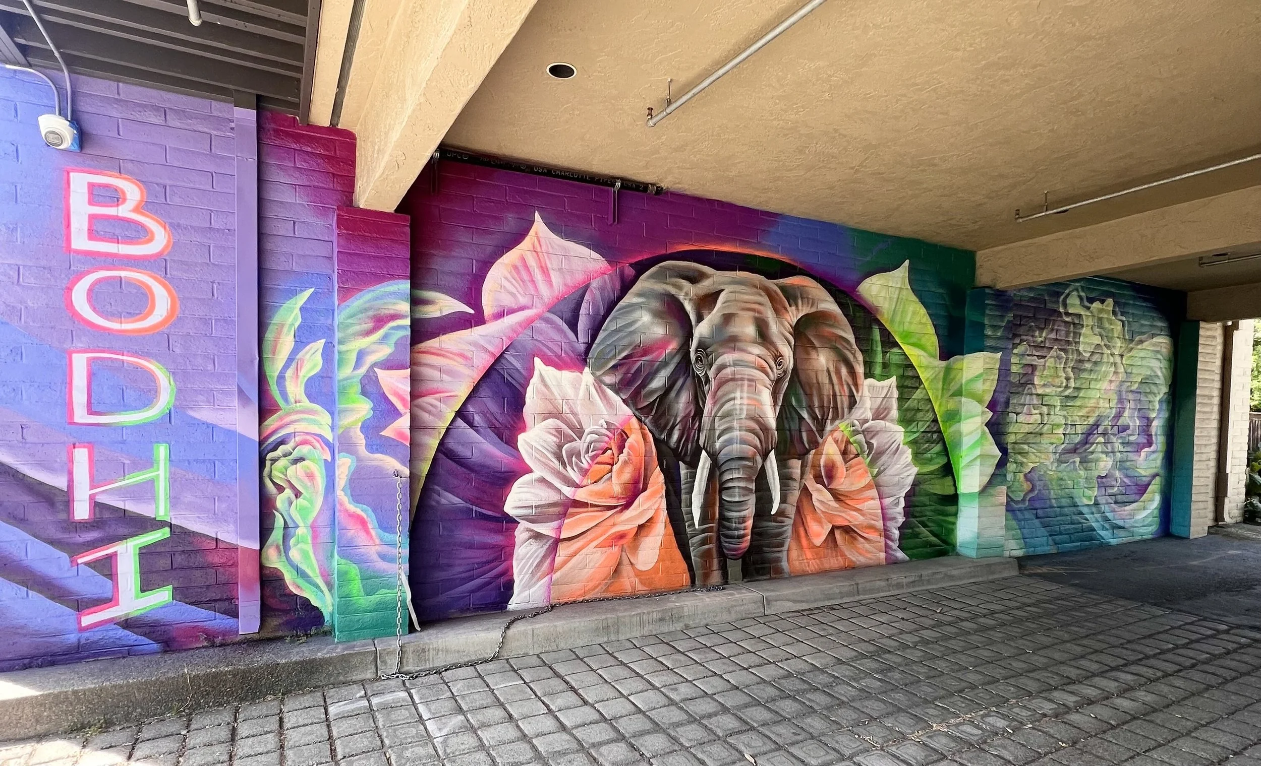 Colorful mural of an elephant with large ears and trunk, surrounded by pink, orange, and purple flowers, and abstract green and purple shapes on a brick wall.