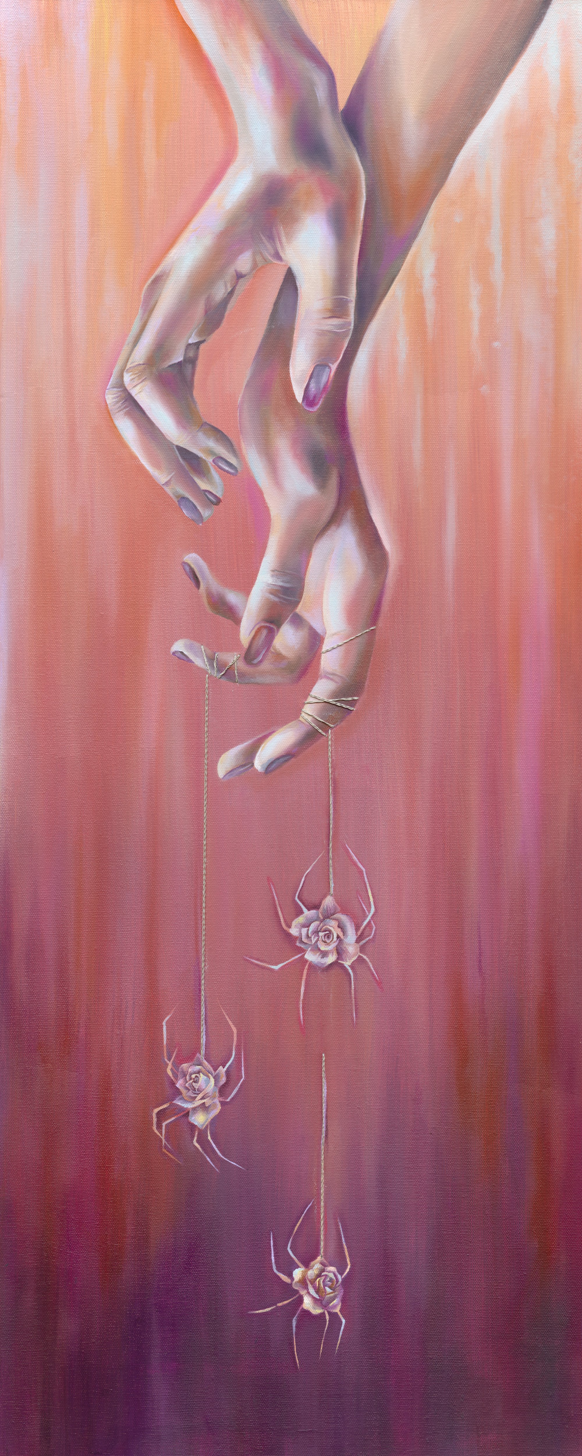 Painting of a hand with purple nail polish holding strings attached to spiders with rose bodies and spider legs, against a pink background.