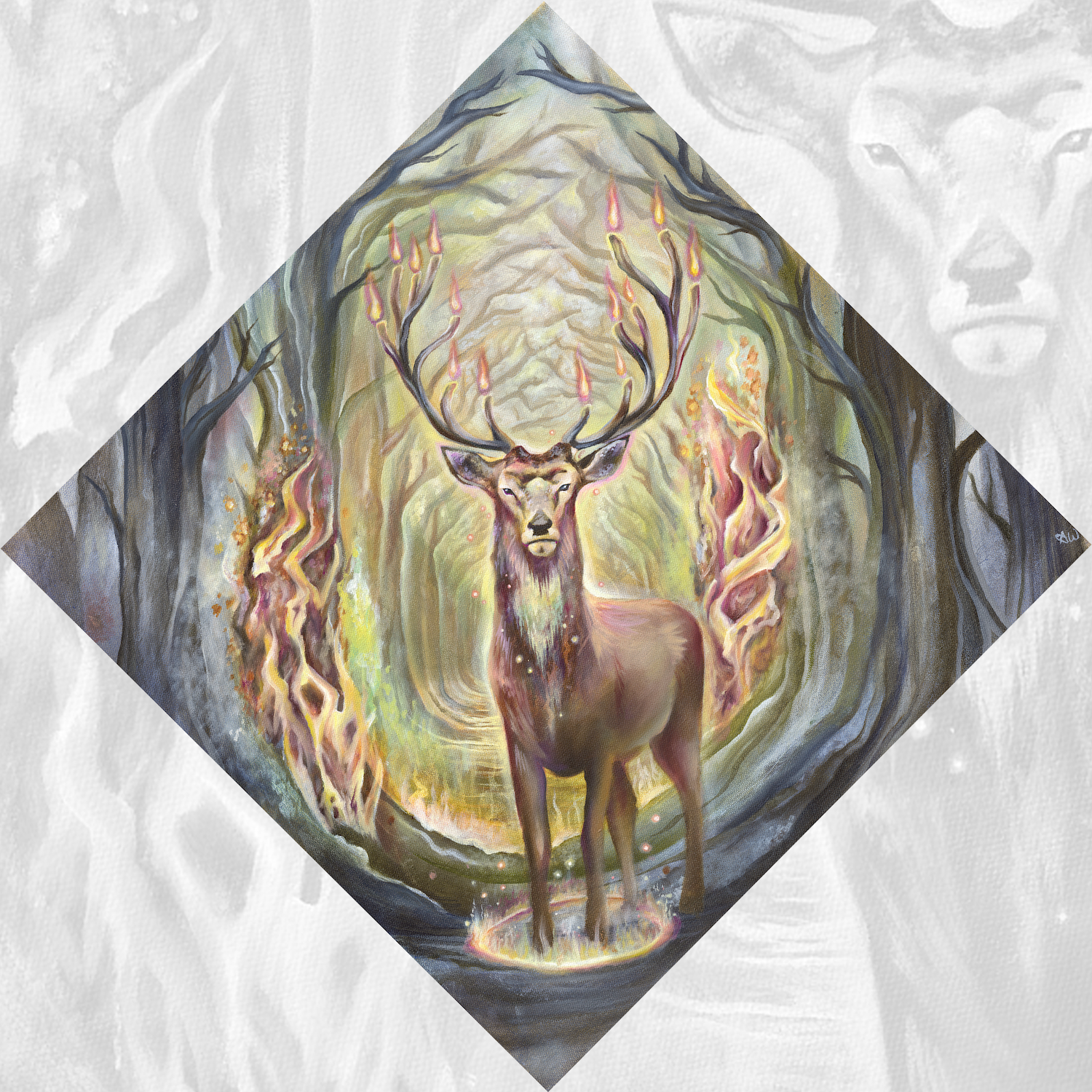 A painting features a majestic deer with large, glowing antlers standing in a mystical forest with swirling, colorful background and glowing elements.