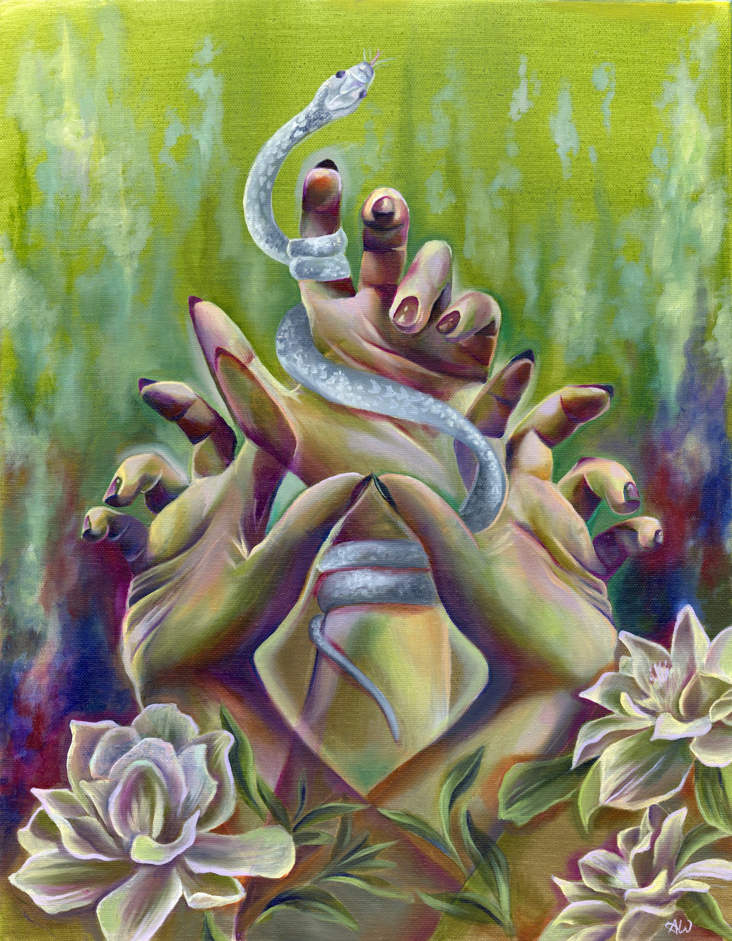 A surreal painting of two hands with purple nail polish holding a snake and a flower, set against a green background with more flowers.