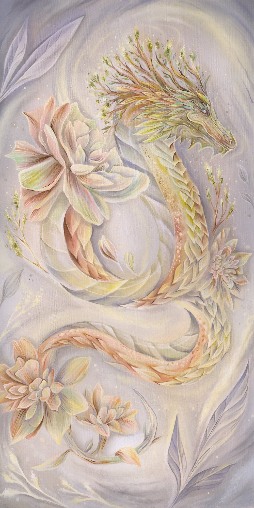 A pastel-colored painting of a dragon intertwined with flowers and leaves, featuring soft hues of pink, cream, green, and lavender.