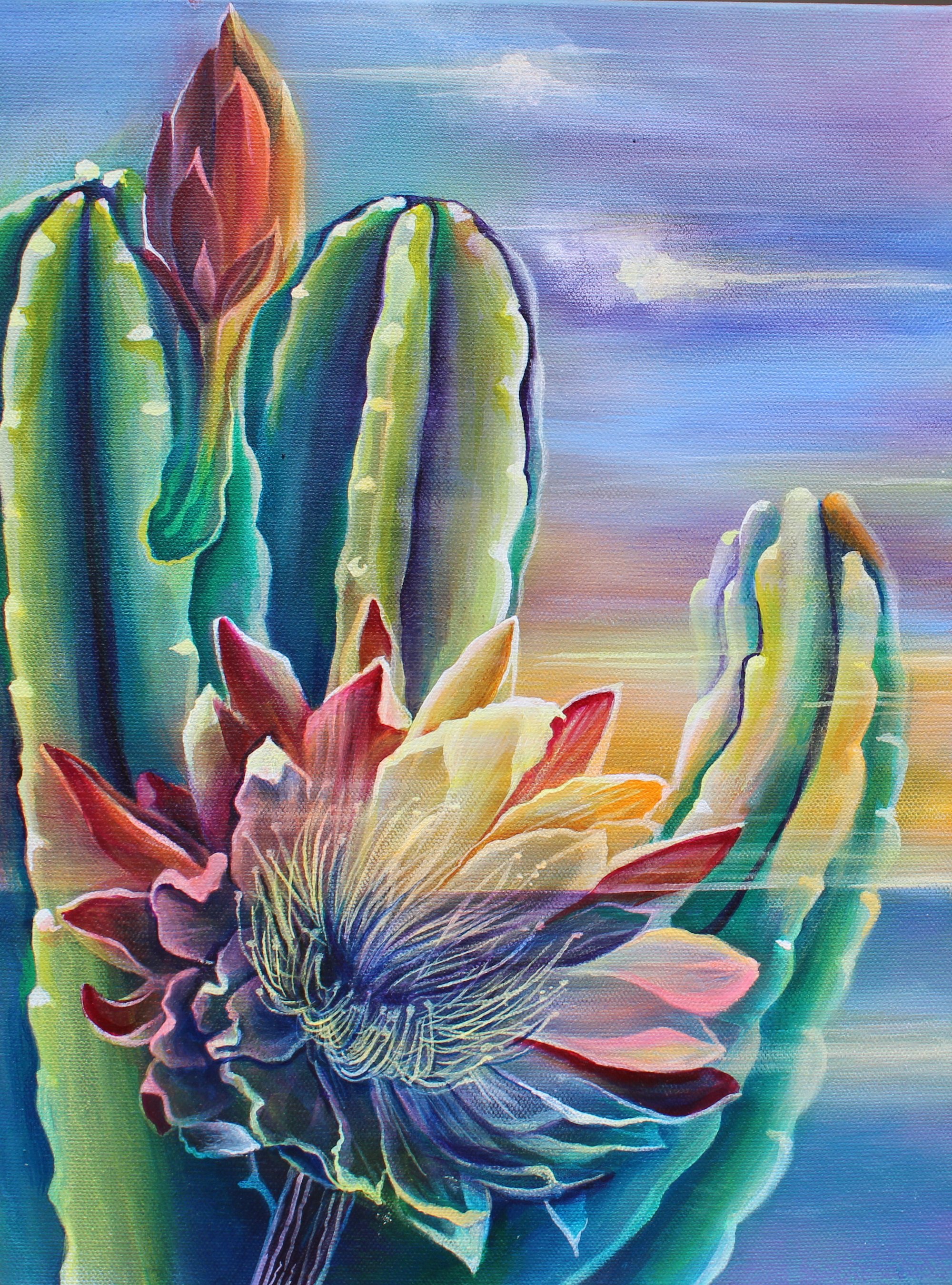 Colorful painting of cactus plants and a blooming flower against a sunset sky