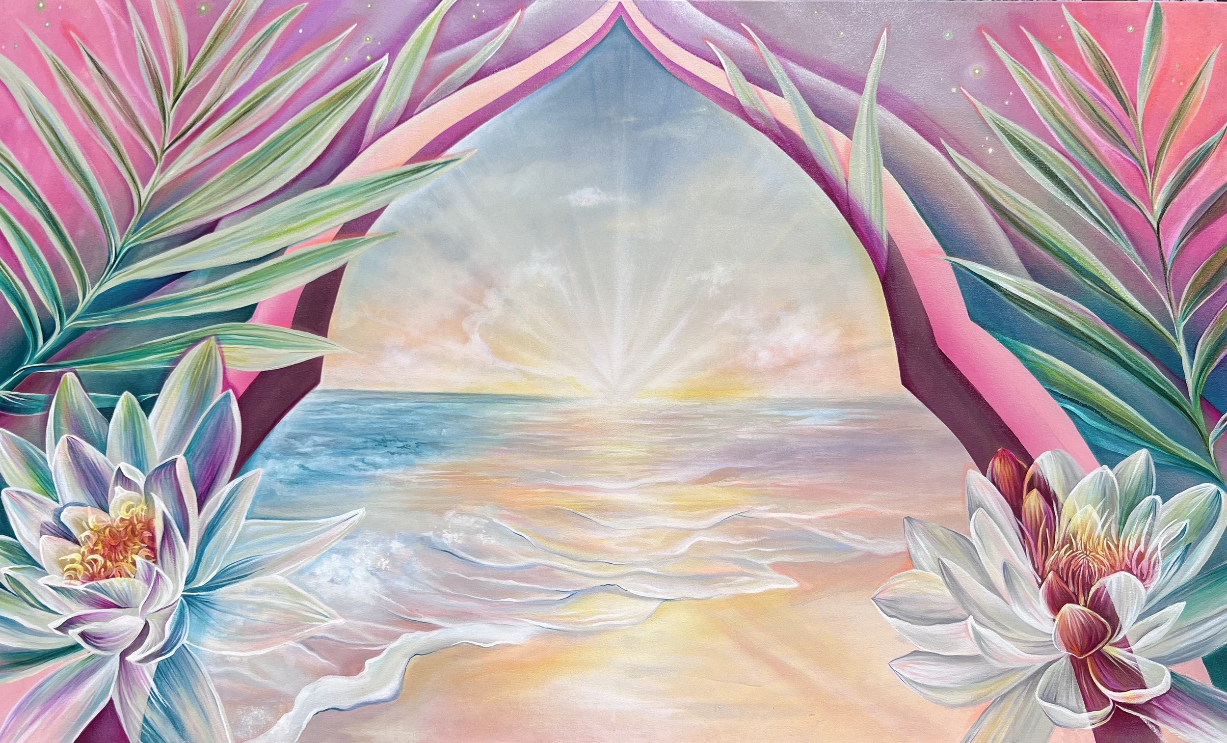 Pastel-colored painting of a sunrise over the ocean, framed by pink and purple geometric arches and decorated with large white and pink flowers and green leaves.