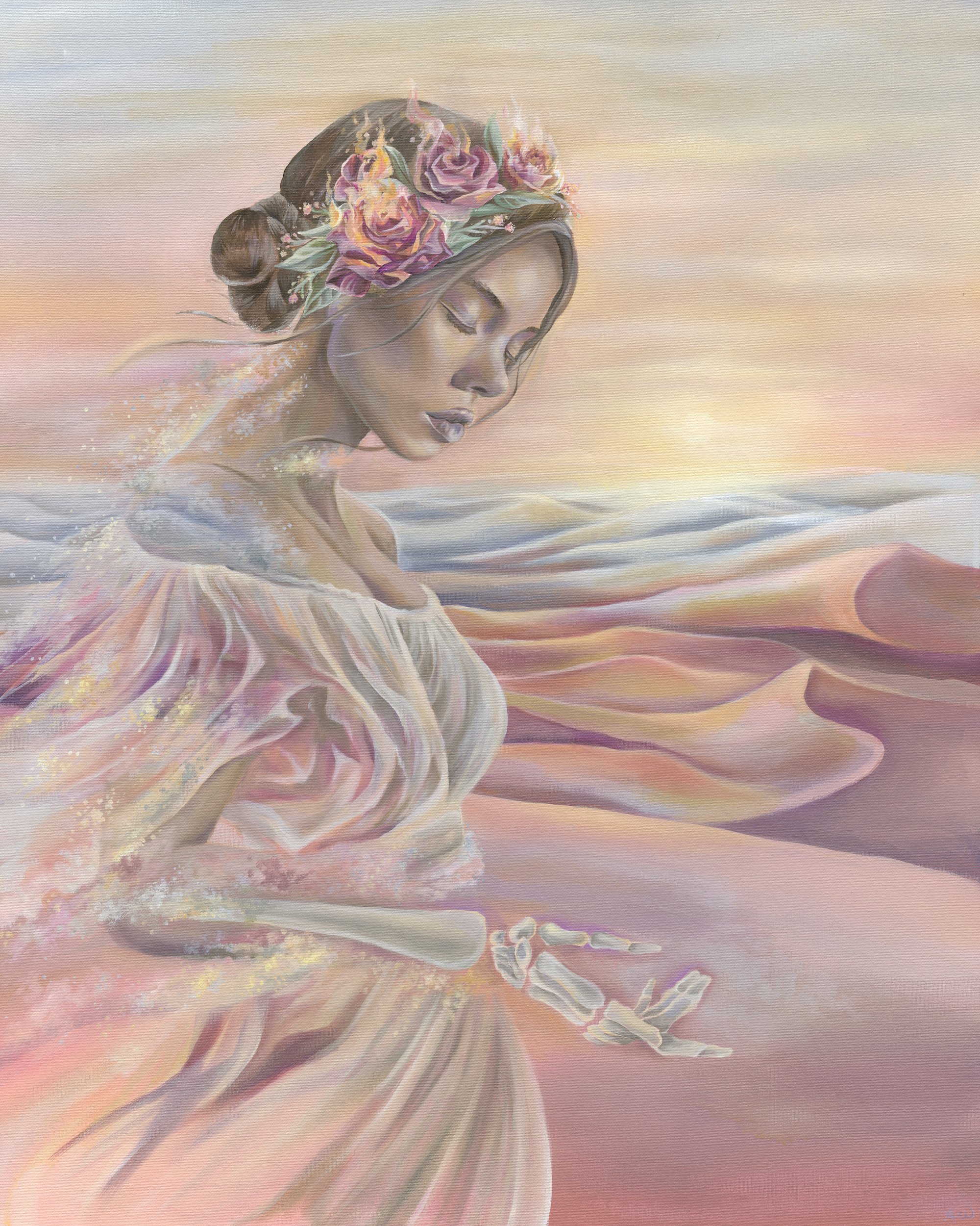 A surreal painting of a woman with a flower crown in a desert landscape at sunset, with pastel pinks, purples, and creams.