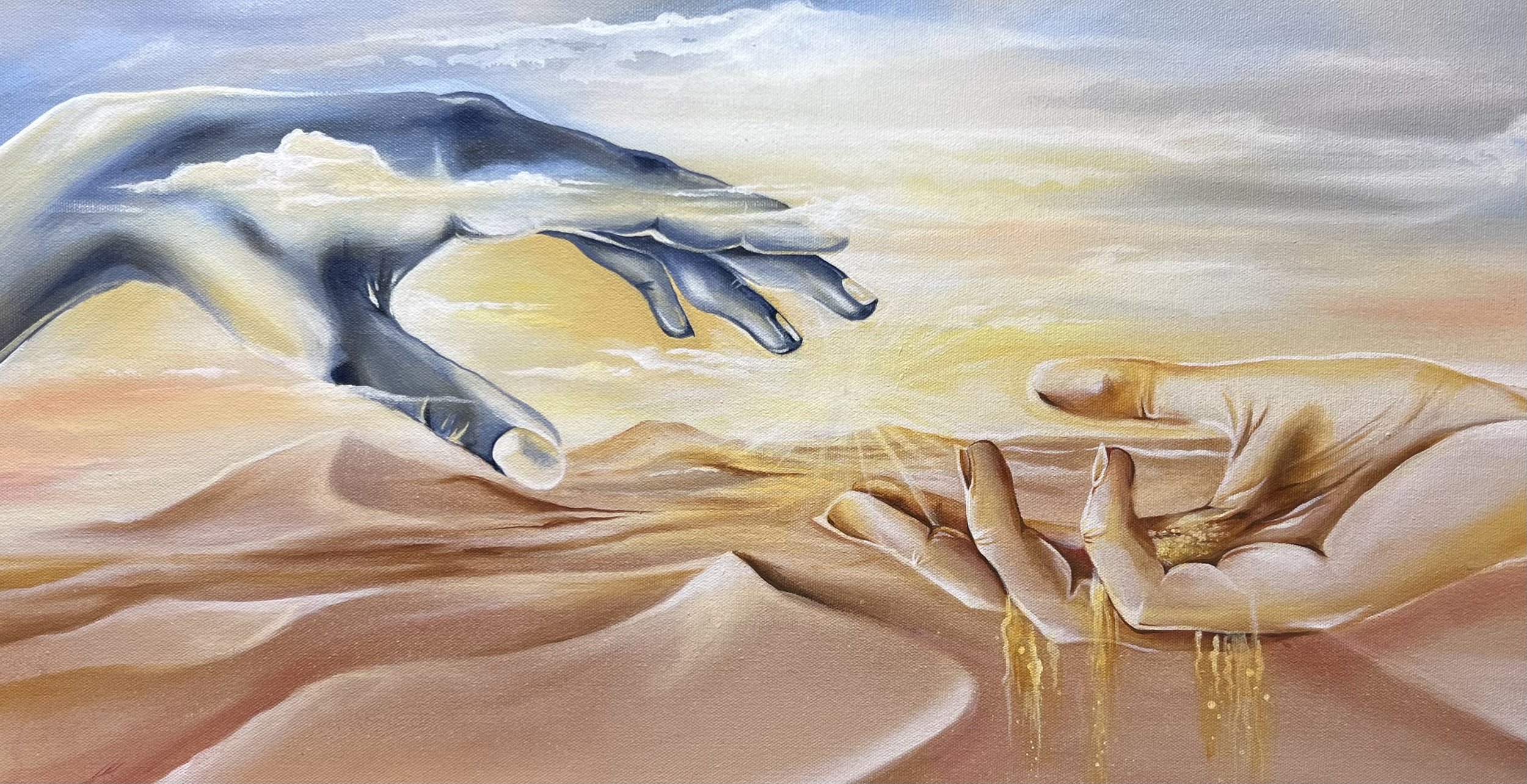 A painting depicting two hands reaching toward each other, with one hand above and one below, in a landscape setting with mountains and a sunset sky in the background.