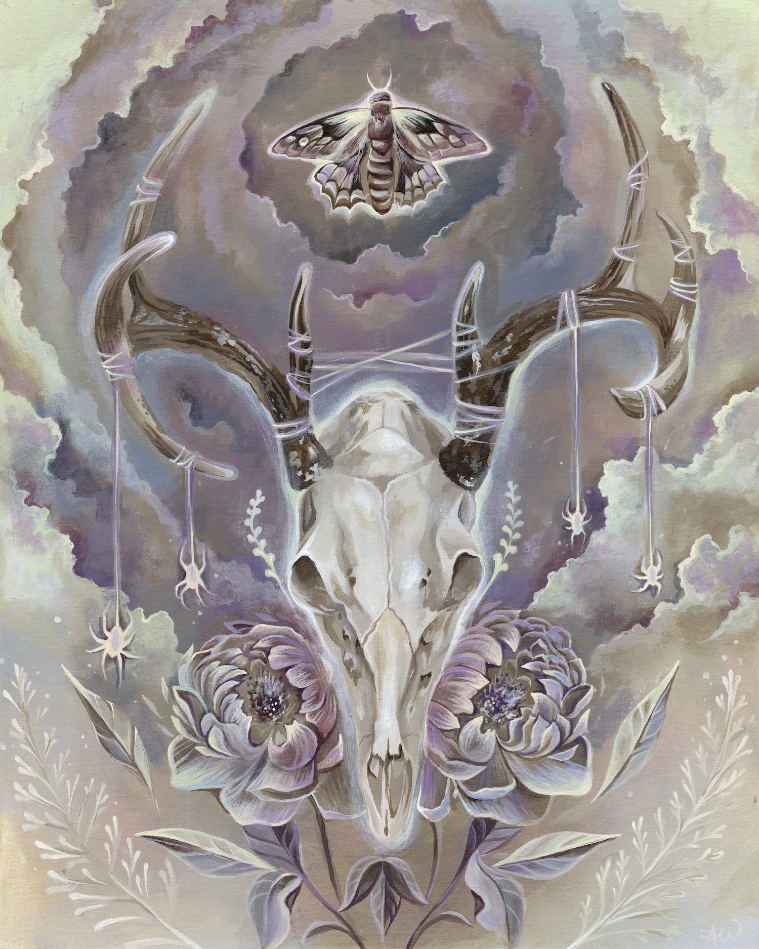 A surreal artwork featuring a large animal skull with horns, decorated with flowers, with a moth hovering above and clouds in the background.