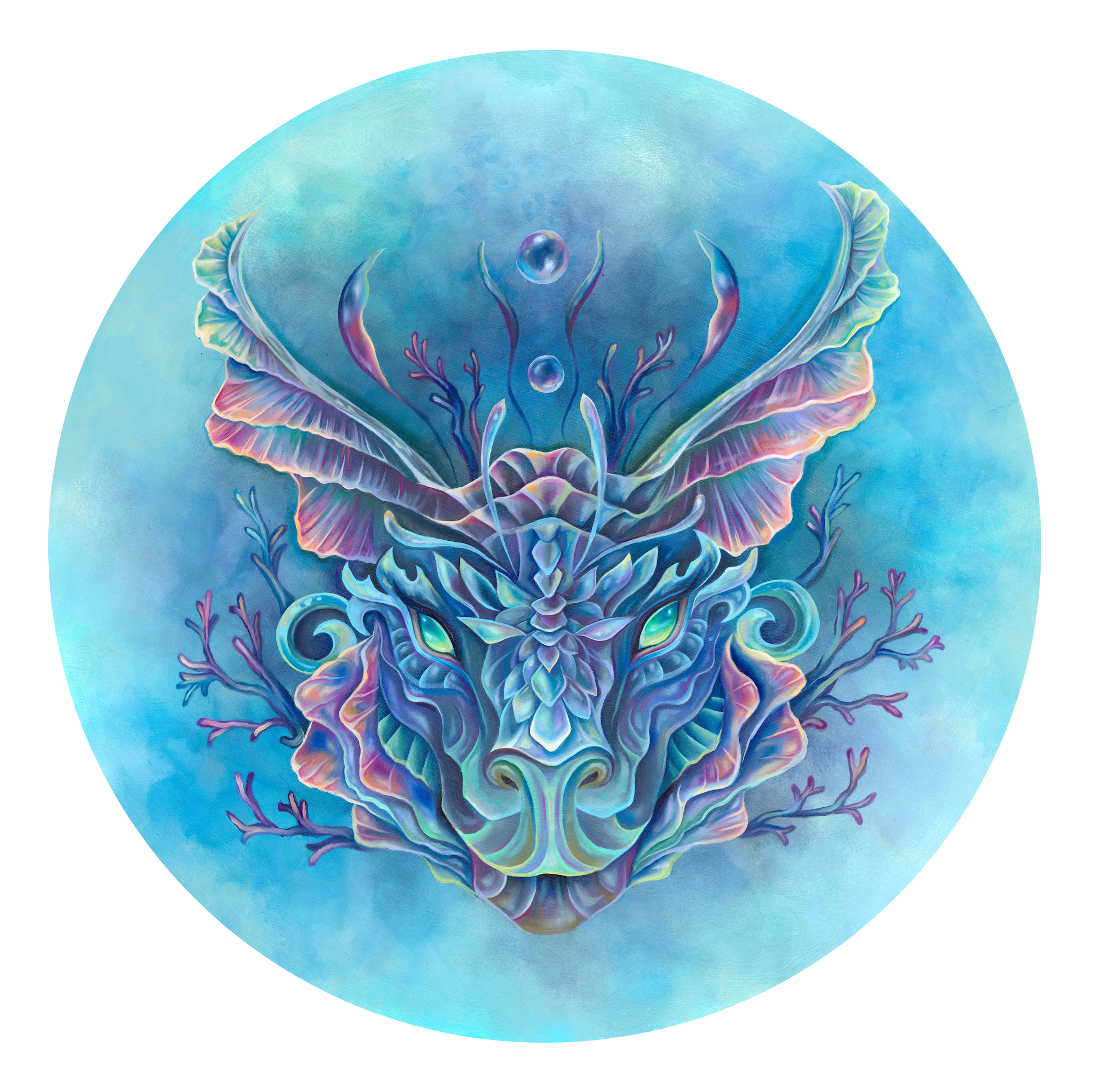 Colorful fantasy dragon with wings, surrounded by abstract coral-like branches, in a circular blue background.