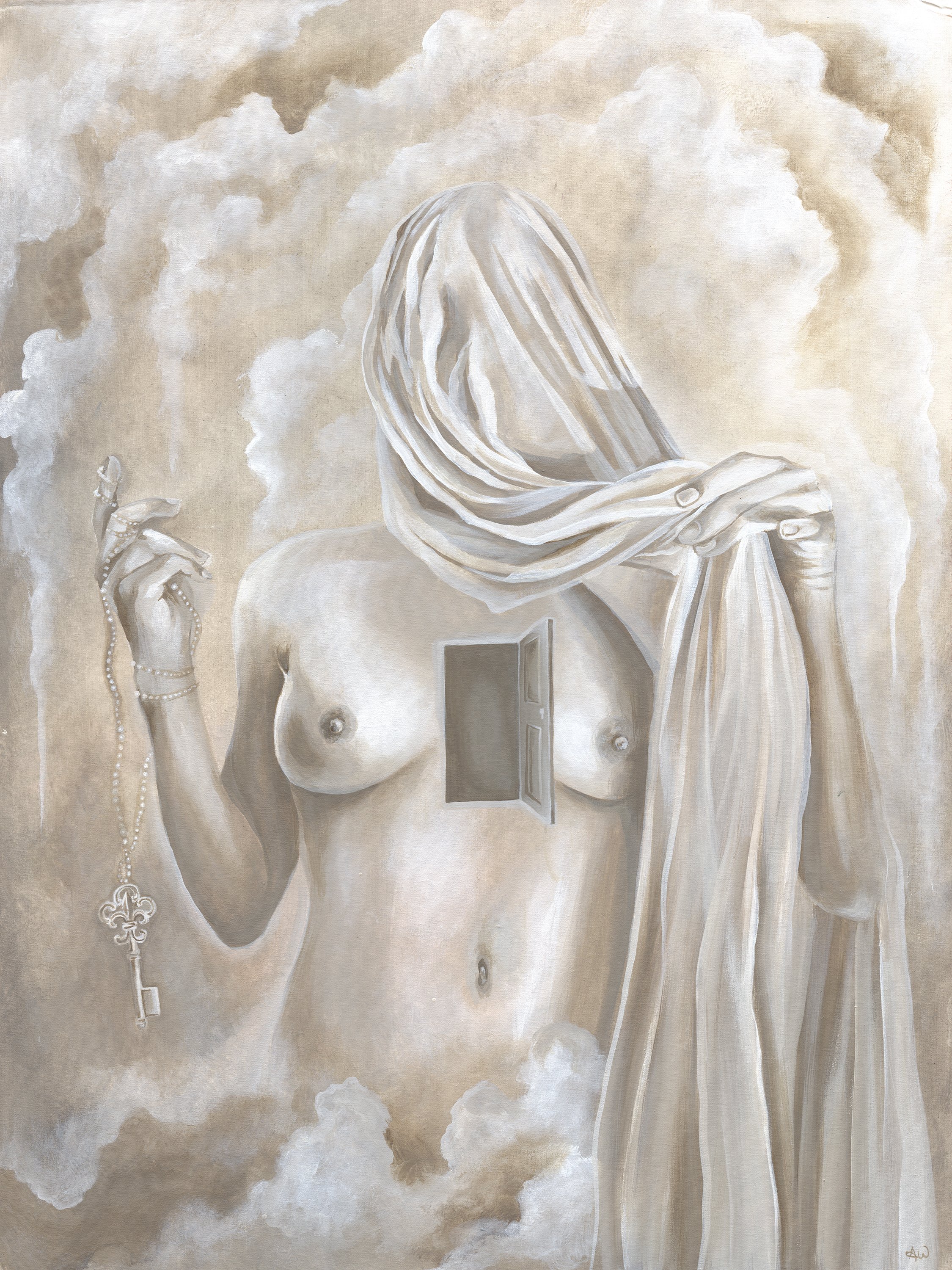 A surreal painting of a topless woman with her face covered by a draped cloth, holding a rosary in one hand and a draped cloth in the other. An open door is positioned on her chest, revealing a dark room inside. The background features clouds in a mu