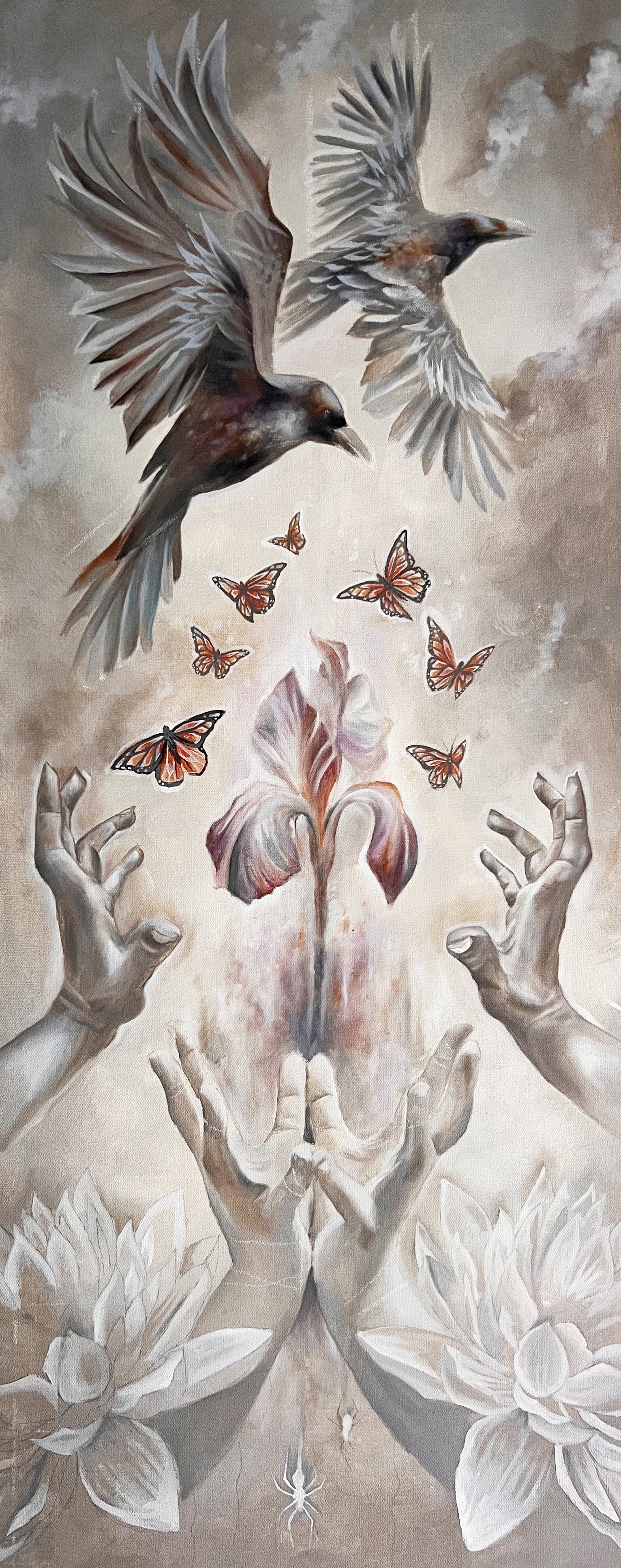 A painting featuring hands reaching upward, releasing butterflies and birds, surrounded by lotus flowers and a plant, with a muted color palette of browns, grays, and soft reds.