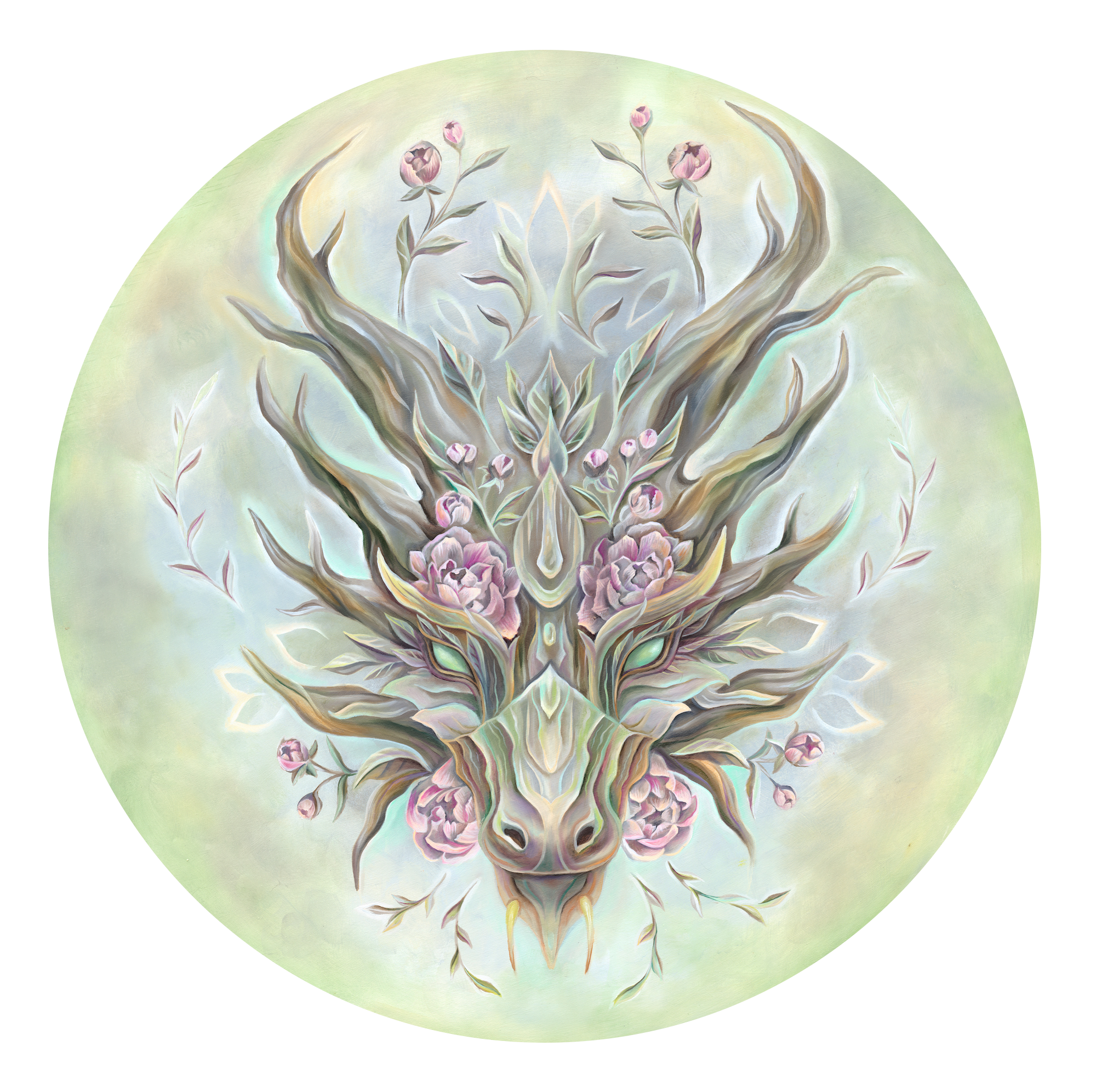 A stylized dragon's head with antlers intertwined with pink flowers and green leaves, surrounded by a soft green circular background.