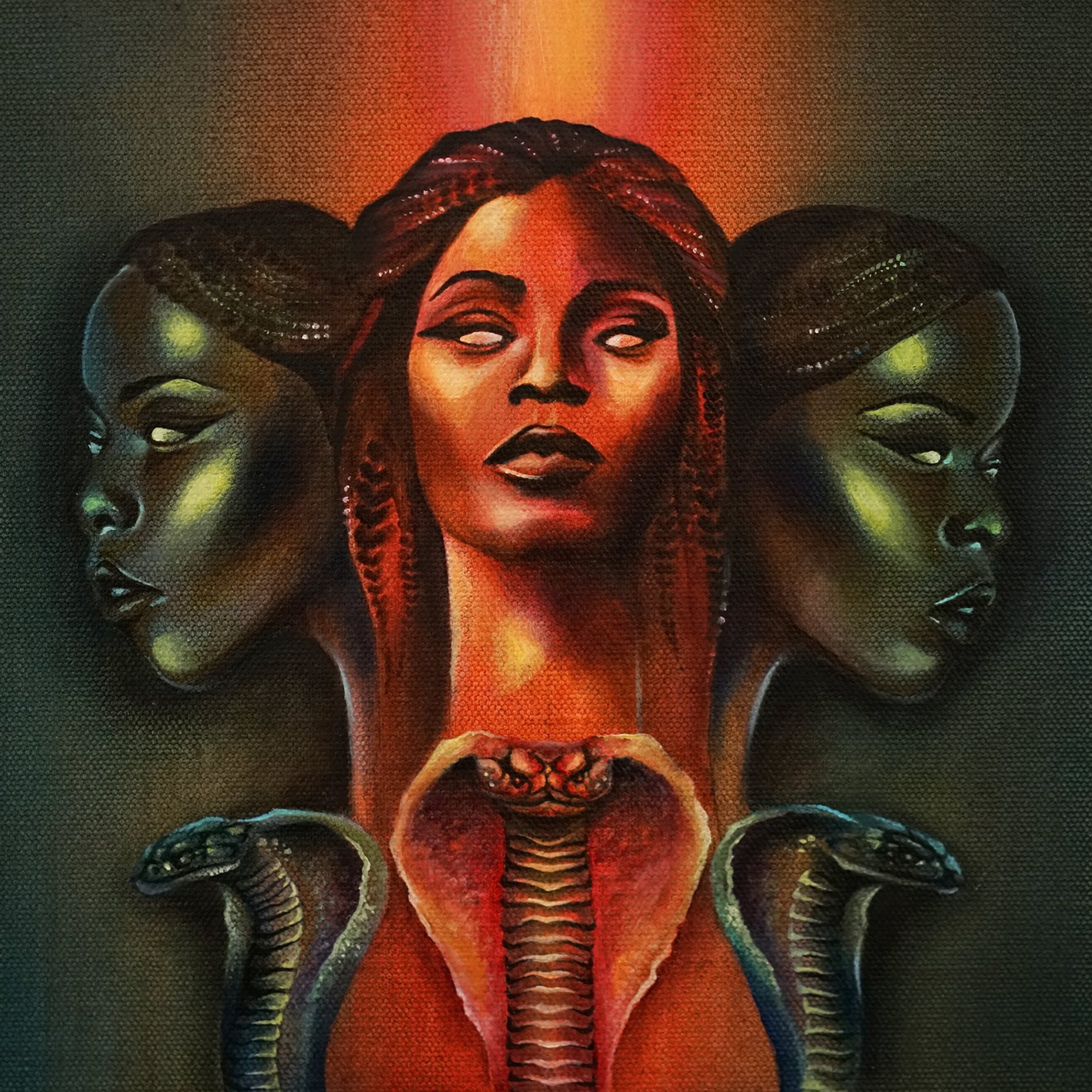 A painting of three women with green skin, horns, and long hair, with the central figure having red braided hair and the women on either side having a similar appearance.