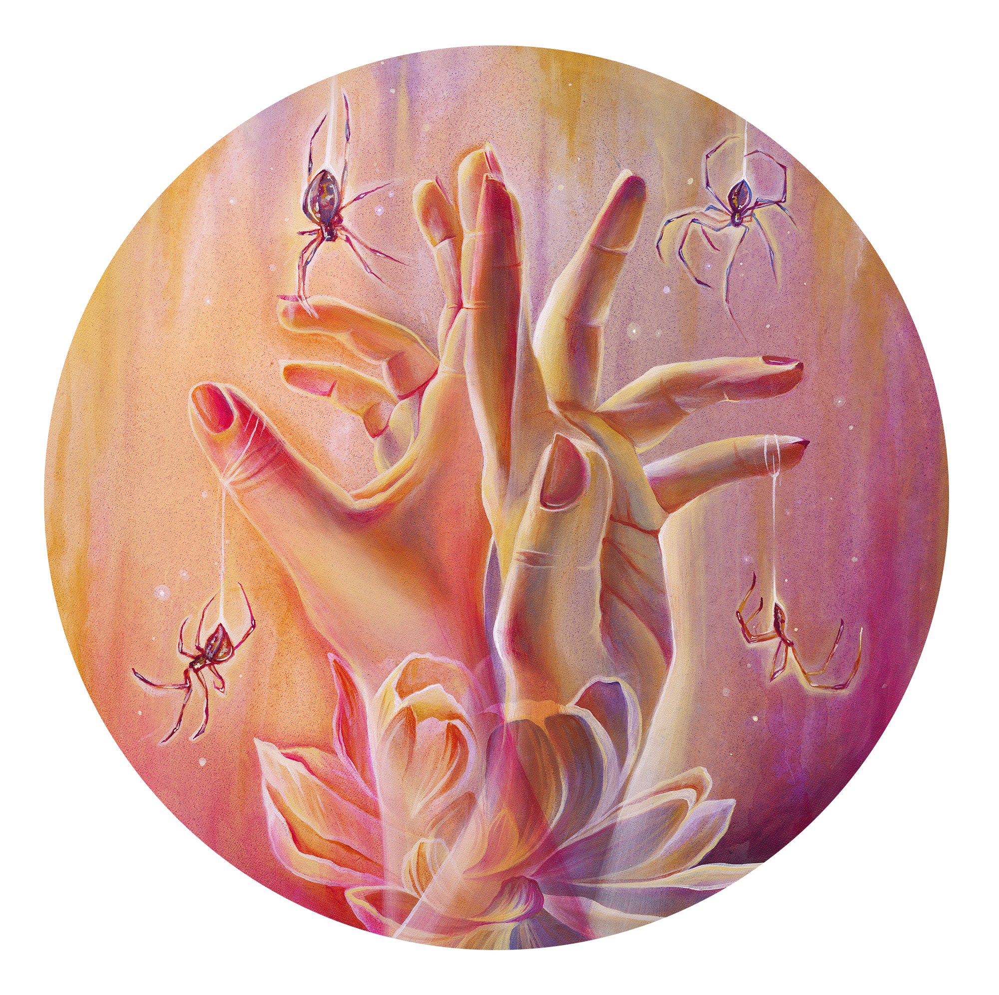 Digital artwork of two hands forming a mudra, surrounded by floating spiders, with a glowing purple flower at the base and a colorful, dreamy background