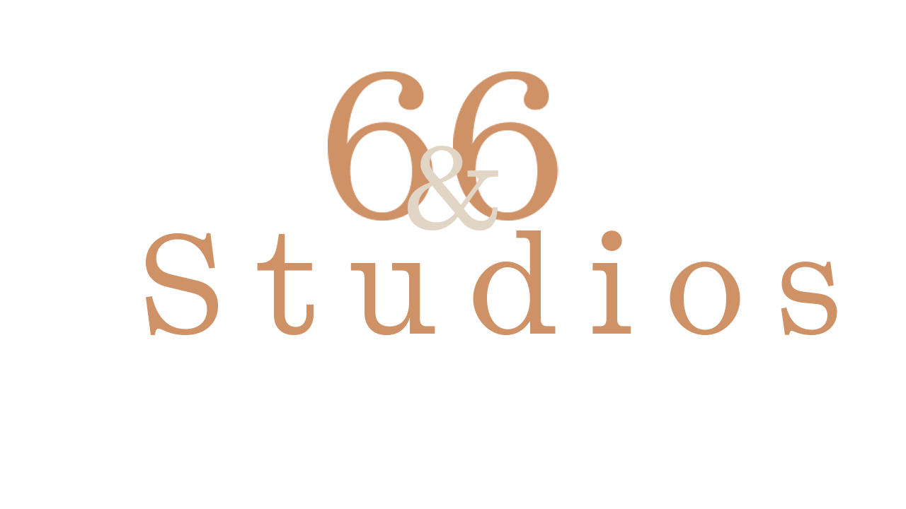 Logo with text '66 & Studios' in brown and gray on a black background.