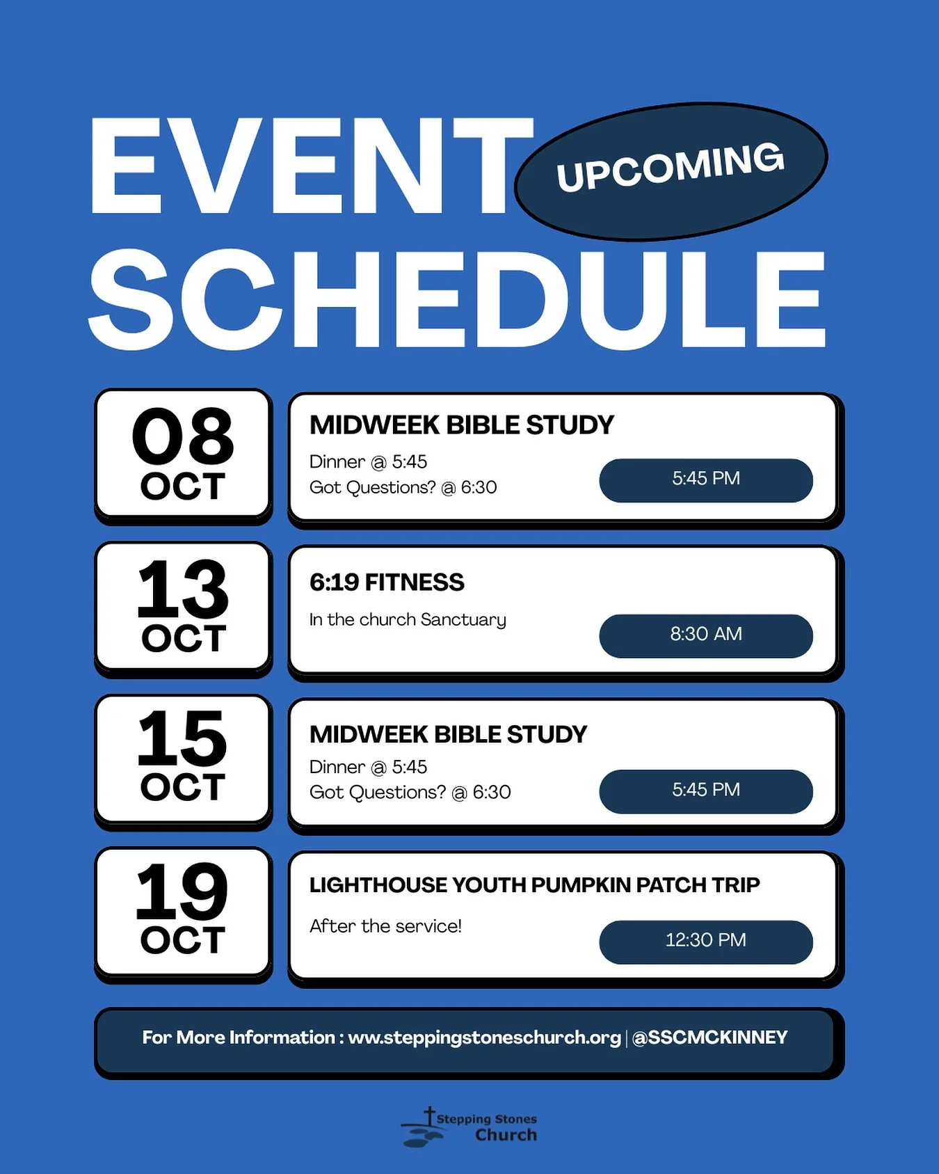Upcoming events!

Step into a new week with faith and hope. 🙏
We&rsquo;d love for you to join us at Stepping Stones Church!

🕊 Sunday Worship &ndash; 10:30 AM
💬 Midweek Bible Study &ndash; 6:30 PM

#ChurchLife #FaithJourney #TogetherInChrist #sscm