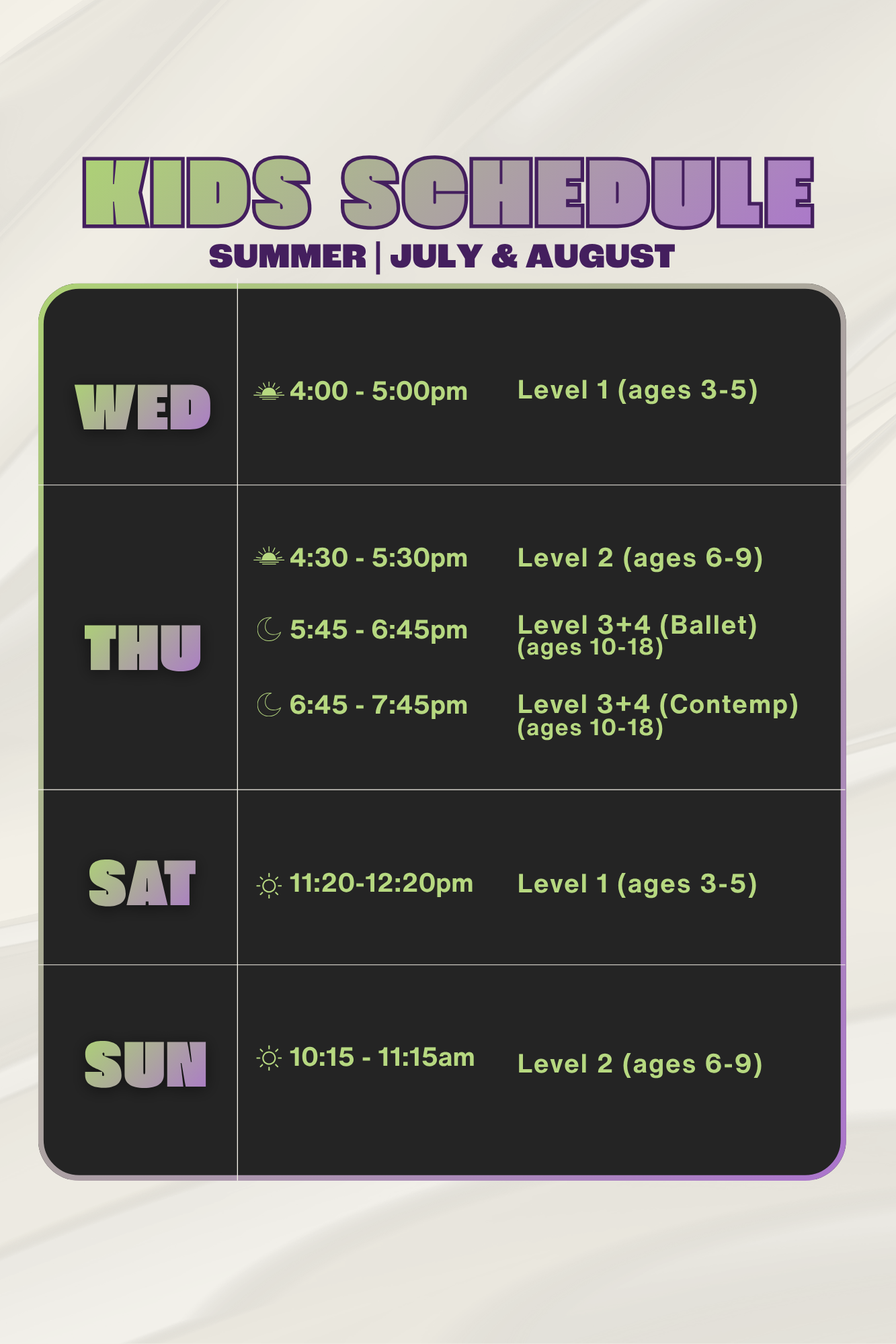 Kids Schedule for July and August at ESTIA