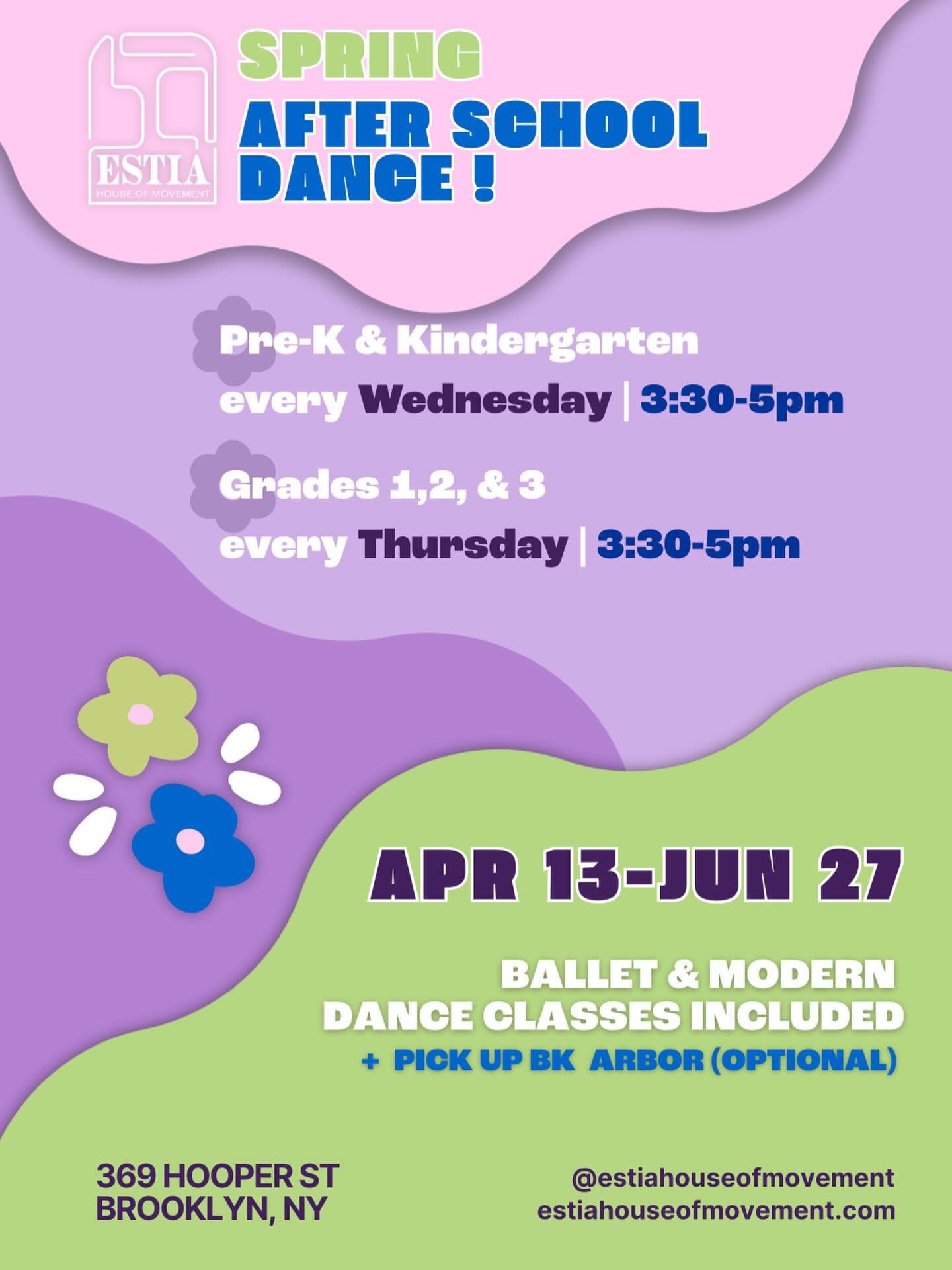 New season, Same program 🌸

Interested in joining your kids into some after school dancing? Check out the link in bio to sign up! 

Feel free to email us at info@estiahouseofmovement.com with any questions ✨

See you soon!! 

#afterschooldance #spri