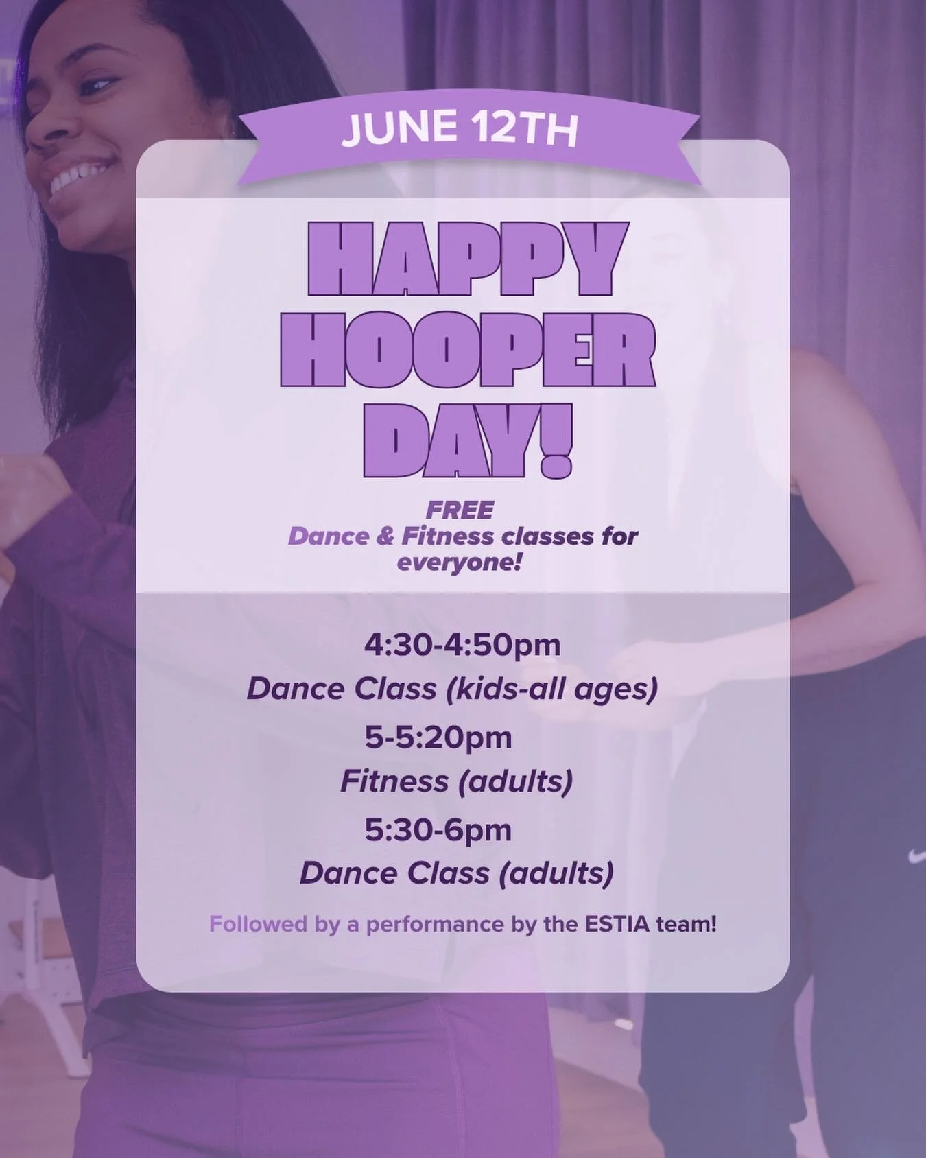 Come to the annual Hooper St block party and enjoy an afternoon full of free dance &amp; fitness classes open for the whole family (4-7pm) 

Have been curious about trying ESTIA classes? this is the perfect opportunity to get to know our studio &amp;