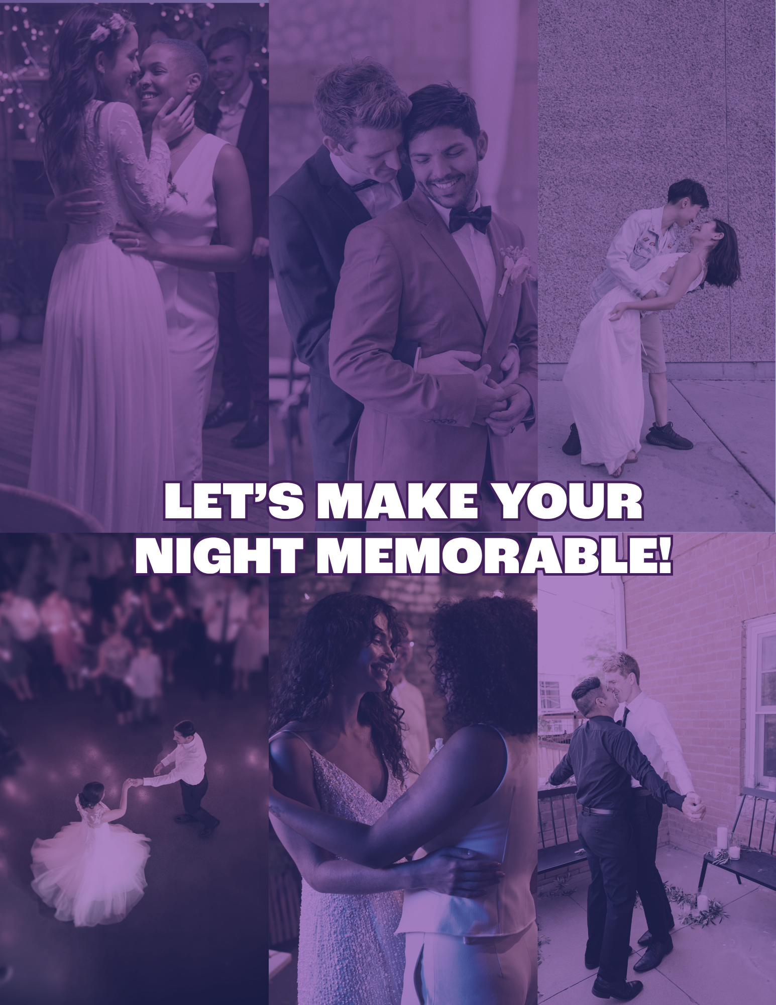 Collage of couples dancing during wedding celebrations with the text, "Let's Make Your Night Memorable!" promoting wedding dance lessons at ESTIA House of Movement.