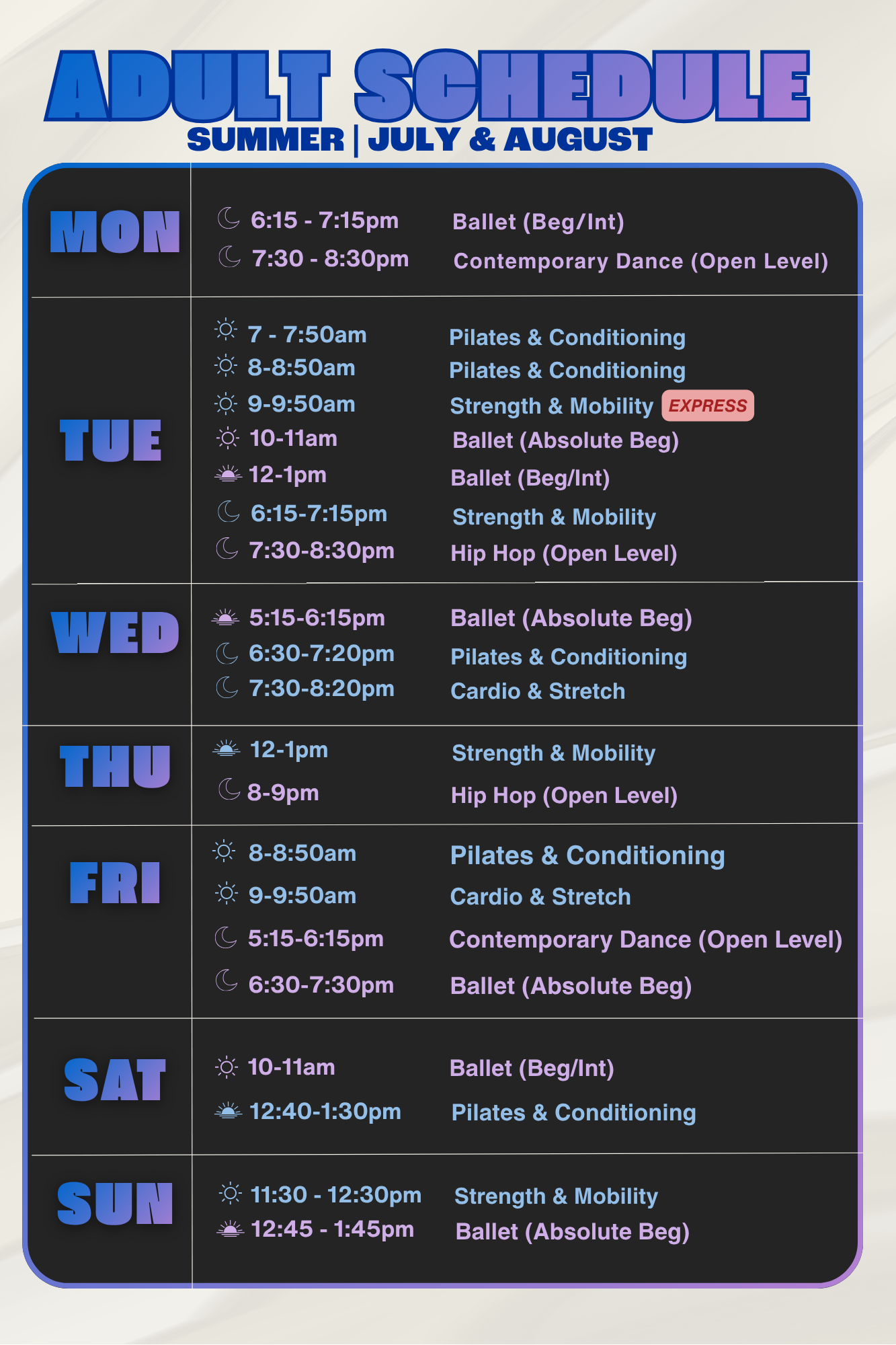 Adult dance and fitness class schedule for July and August at ESTIA House of Movement, including ballet, Pilates, strength and mobility, contemporary dance, hip hop, and cardio classes.