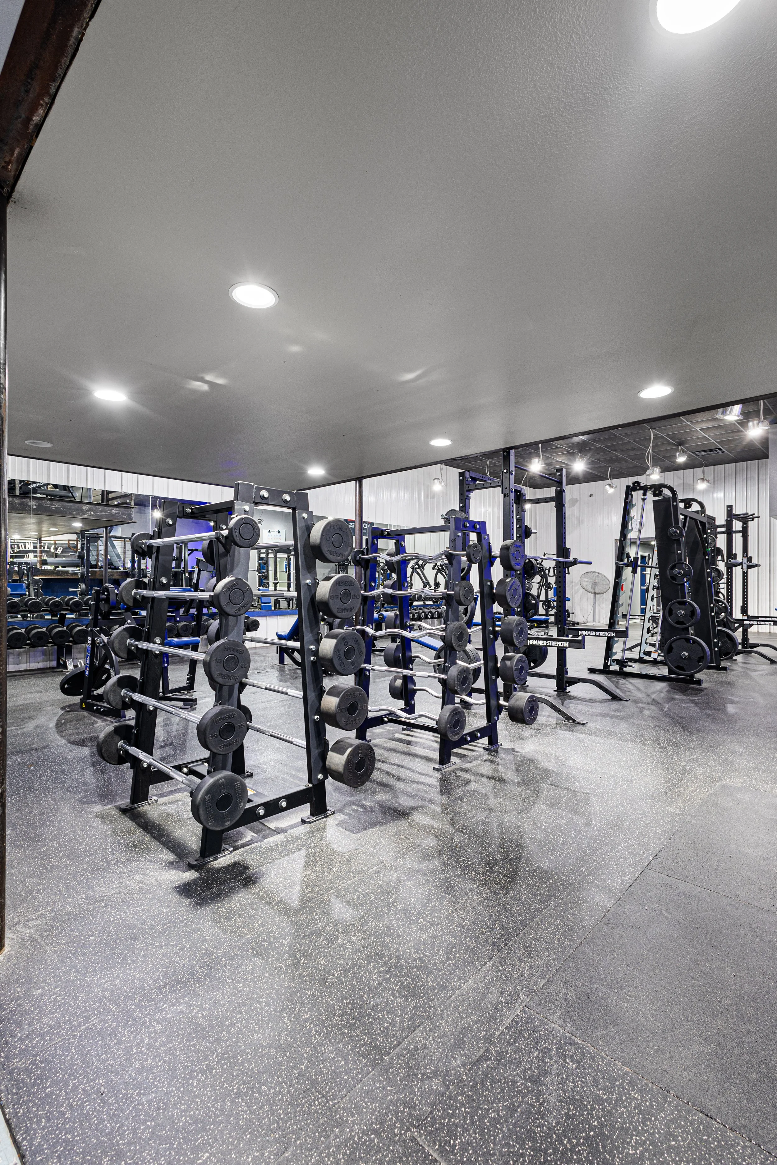 A gym with various weightlifting equipment, including benches, dumbbells, and racks, in a spacious, well-lit room with a gray floor and ceiling.