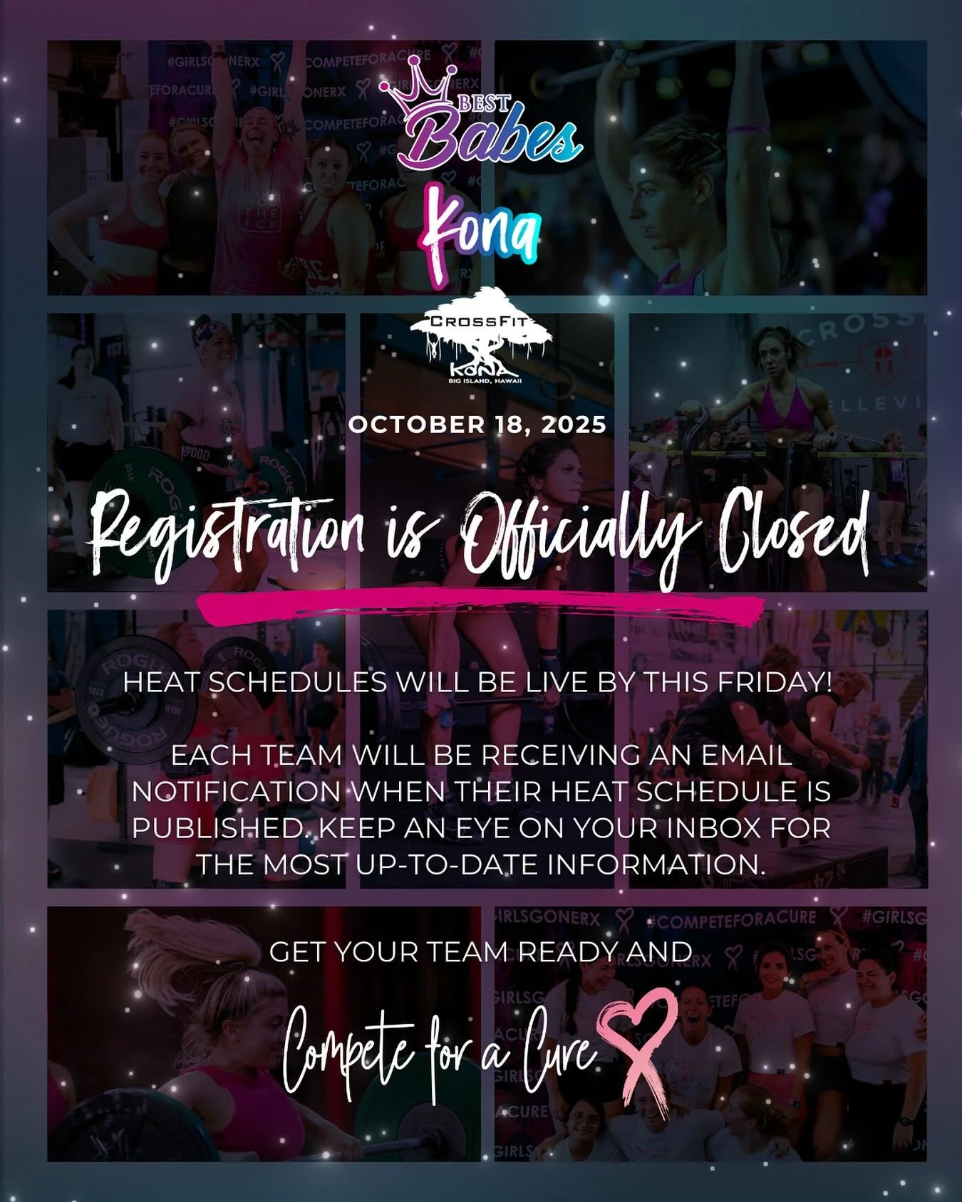 🔥Heat schedules will be live by this FRIDAY! 

Each team will be receiving an email notification when their heat schedule is published. Keep an eye on your inbox for the most up-to-date information.

#girlsgonerx #competeforacure #bestbabes #crossfi
