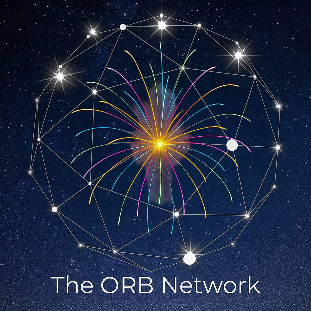 Colorful fireworks in a network of stars and lines over a starry night sky, with the text 'The ORB Network' at the bottom.