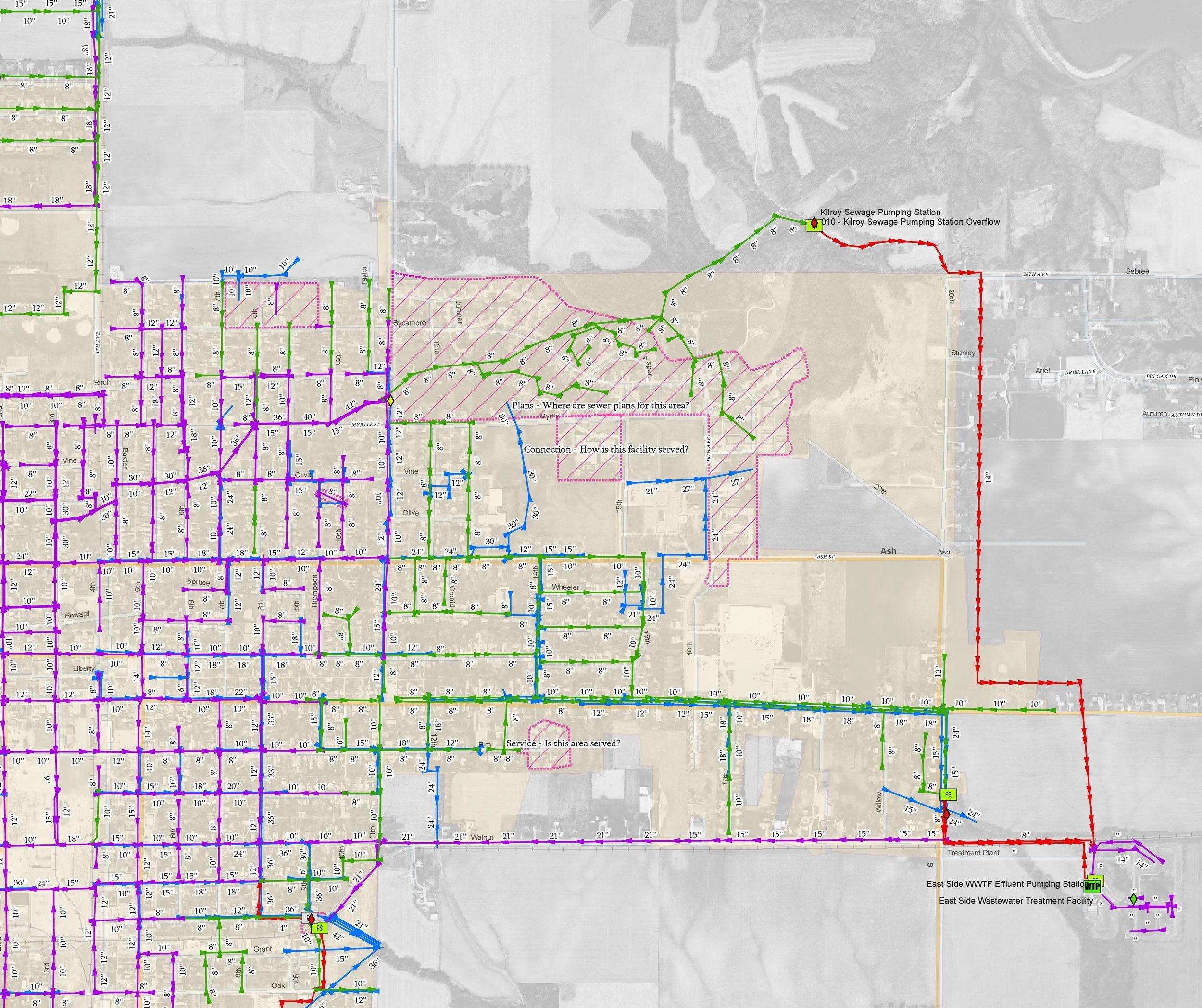 A detailed  plan overlaid on a satellite map, showing various colored lines.
