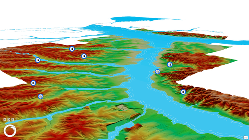 Color-coded topographic map showing elevation changes and water bodies, with labels indicating specific locations.