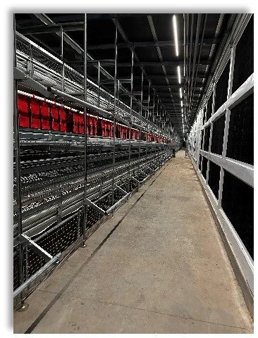 Empty industrial walkway with metal shelving on one side and a white railing on the other, leading into the distance.