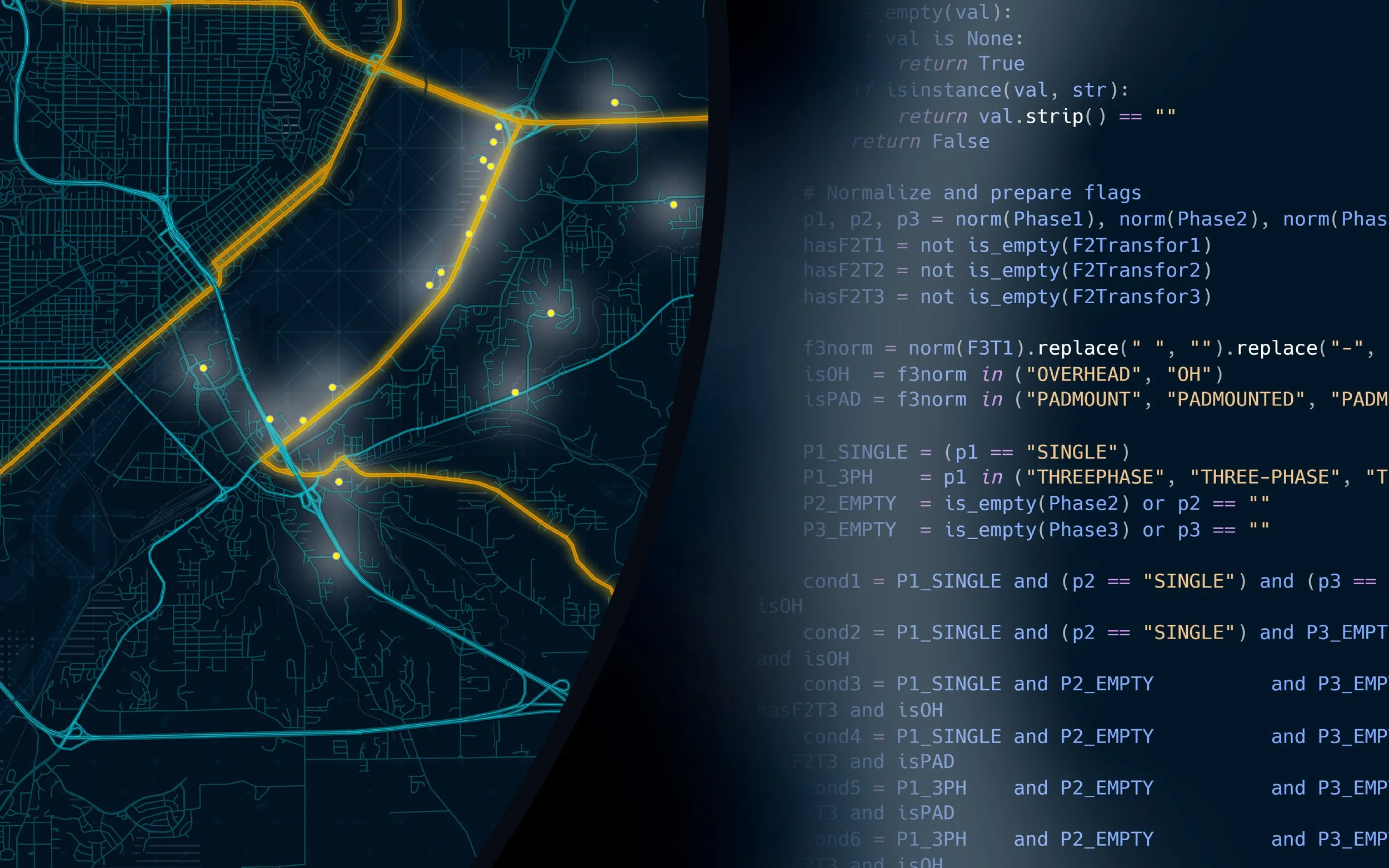 A digital map with highlighted transport routes in blue and yellow, partially overlaid with programming code on a dark background.