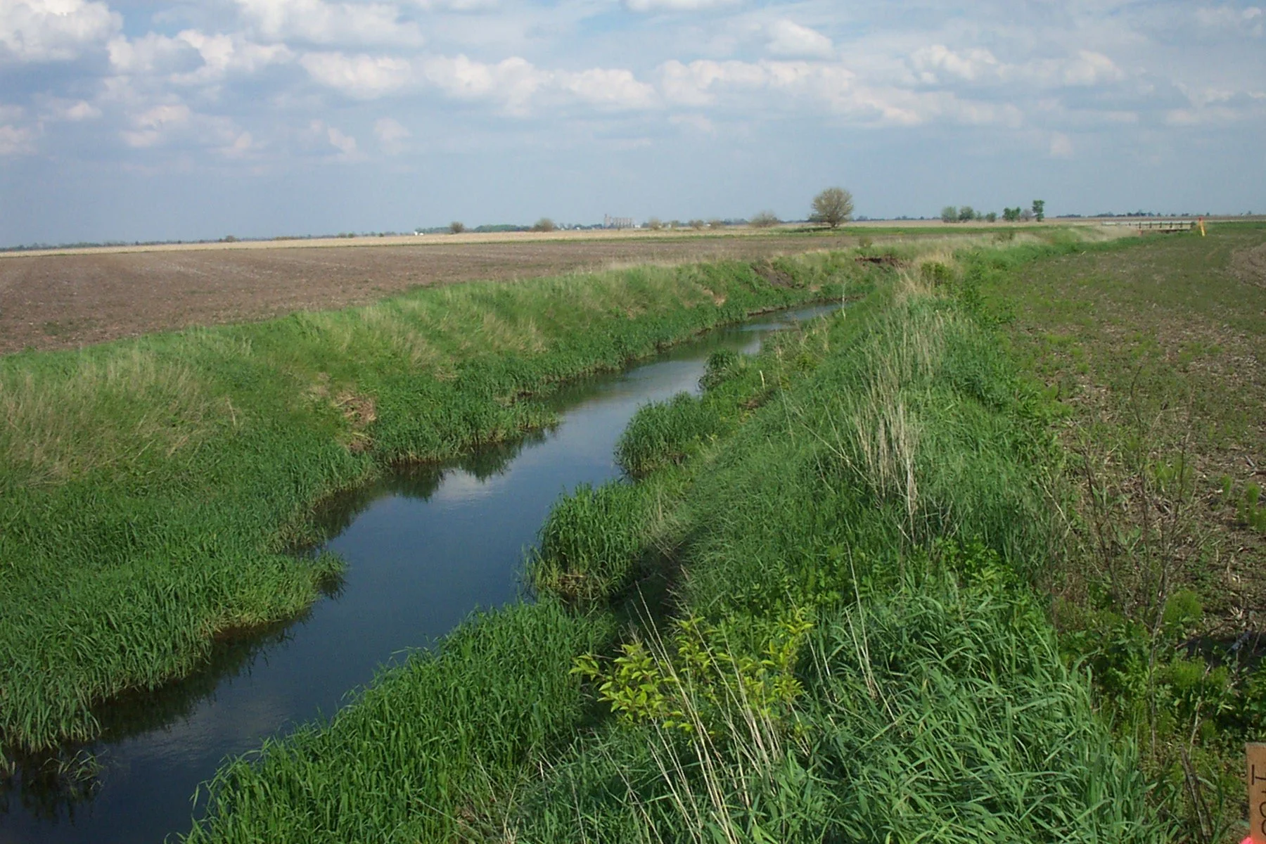 A narrow stream flows through farmland with green grass on both banks, surrounded by fields with some crops and a few trees under a partly cloudy sky.