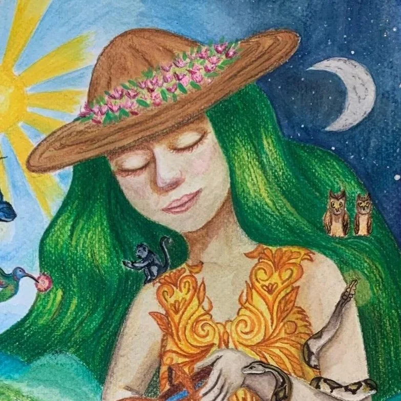 A girl with long green hair wearing a straw hat with pink flowers, surrounded by various animals like owls, an eagle, a hawk, a snake, a squirrel, robins, and a moonlit night sky with the sun.