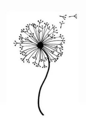 A black and white line drawing of a dandelion seed head with a couple of seeds flying away.