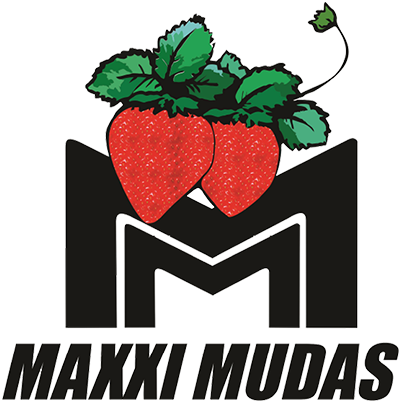 Logo com duas amoras vermelhas, folhas verdes e uma haste, acima do texto 'MAXXI MUDAS' em preto, sobre fundo preto.