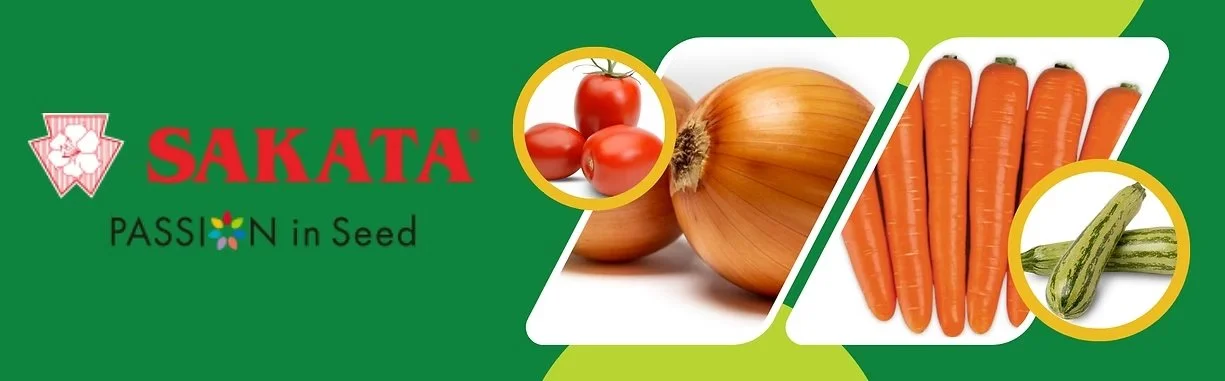 Imagem de sementes e vegetais: tomates, cebolas, cenouras e abobrinhas, com o logo Sakata e o slogan Passione em Semente.