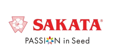 Logotipo da Sakata com uma flor rosa no lado esquerdo, nome 'Sakata' em vermelho grande e a frase 'Passion in Seed' escrita logo abaixo.