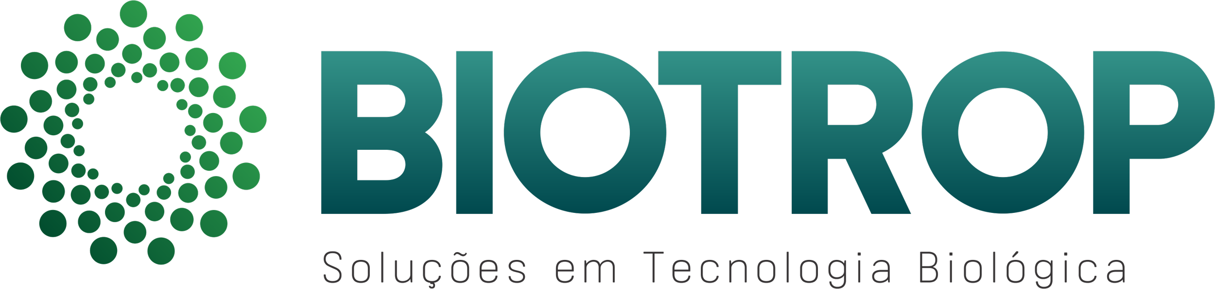 Logotipo da BIOTROP com o nome em destaque e uma representação gráfica de células ou partículas verdes, e a frase "Soluções em Tecnologia Biológica" ao rodapé.