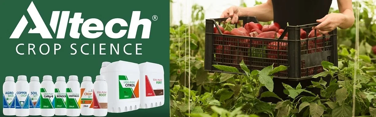 Banner com produtos da Altech Crop Science ao lado de uma pessoa colhendo tomates em uma plantação.