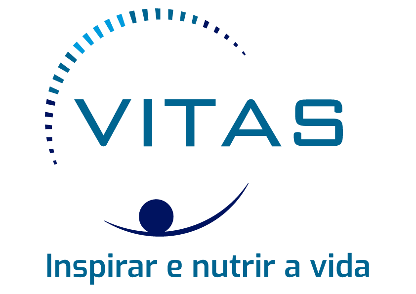 Logotipo da Vitas com o slogan 'Inspirar e nutrir a vida', em fundo branco, com elementos gráficos em azul escuro e azul claro.