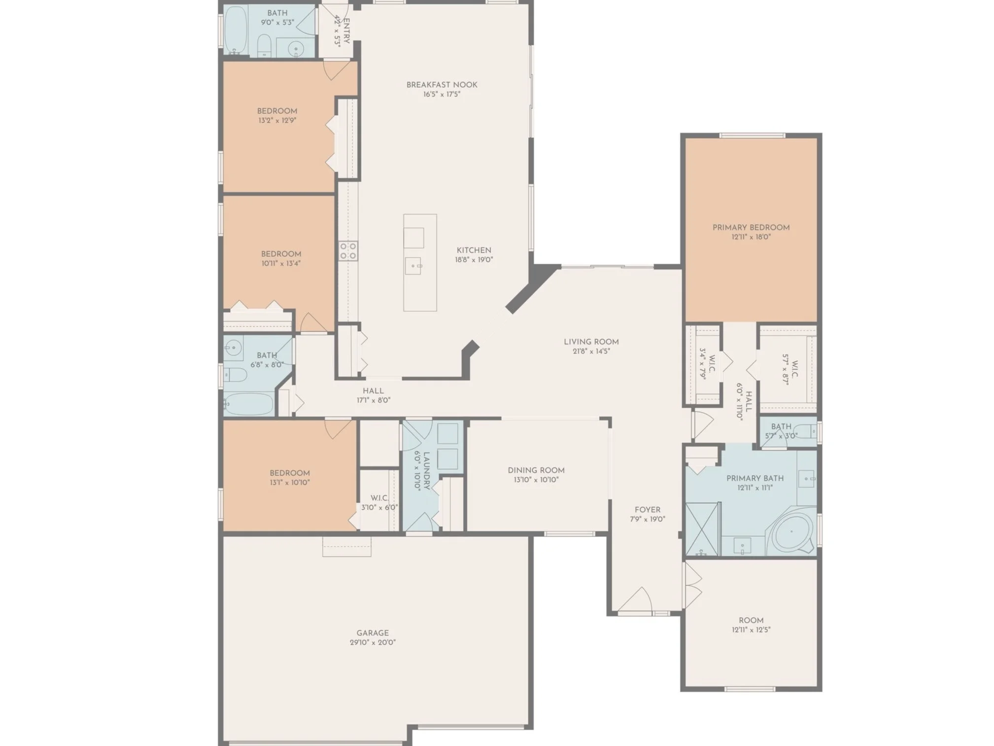 Floor plan of a house showing multiple rooms including bedrooms, bathrooms, kitchen, living room, dining room, laundry, foyer, garage, and hallways with dimensions.