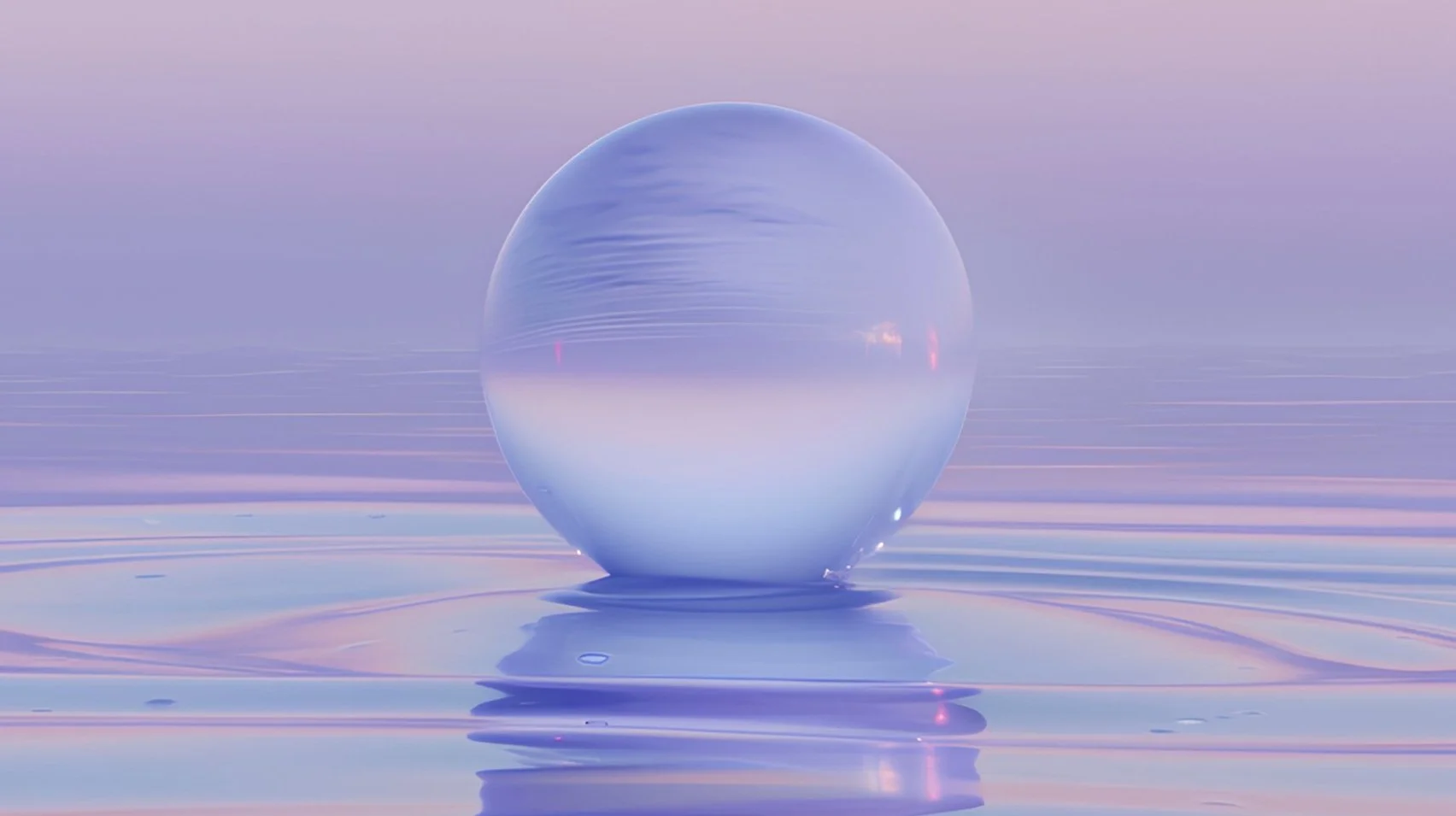 A transparent glass sphere resting on a reflective, pastel-colored water surface with gentle ripples, under a soft gradient sky.